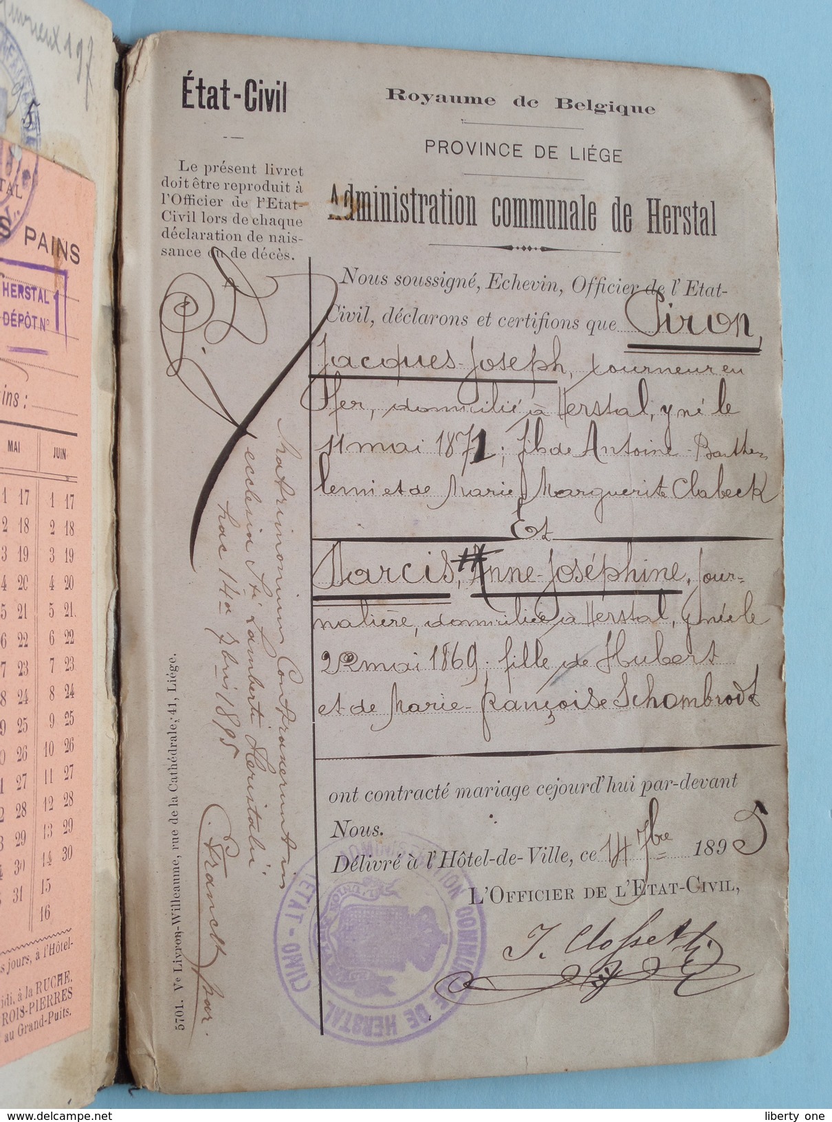 Carnet De MARIAGE ( PIRON / DARCIS Liège - Anno 14 Fév 1895 + Doc Distri Des PAINS (Collez / Voir Photo ) ! - Non Classés