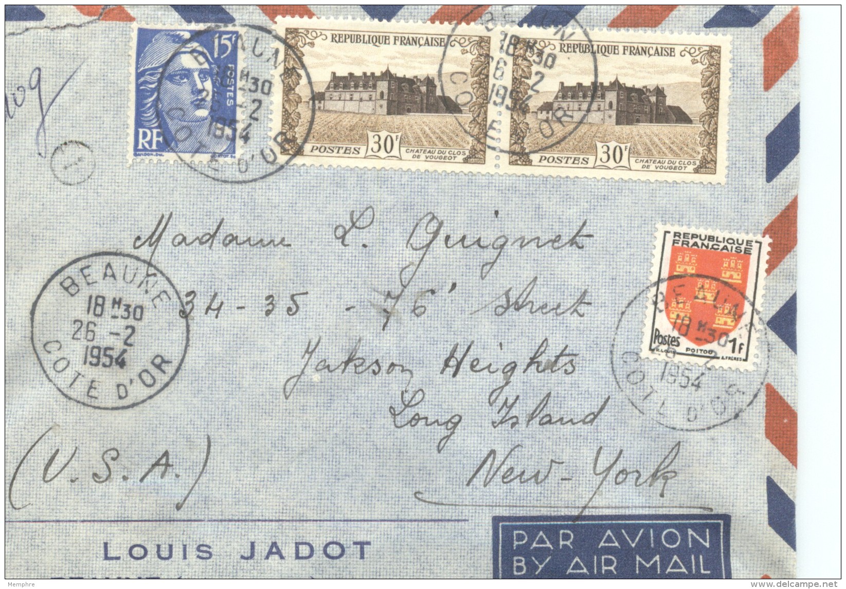 1954 Lettre Avion Pour Les USA  Vougeot 913 X2, Marianne 866, Blason 952 - Covers & Documents