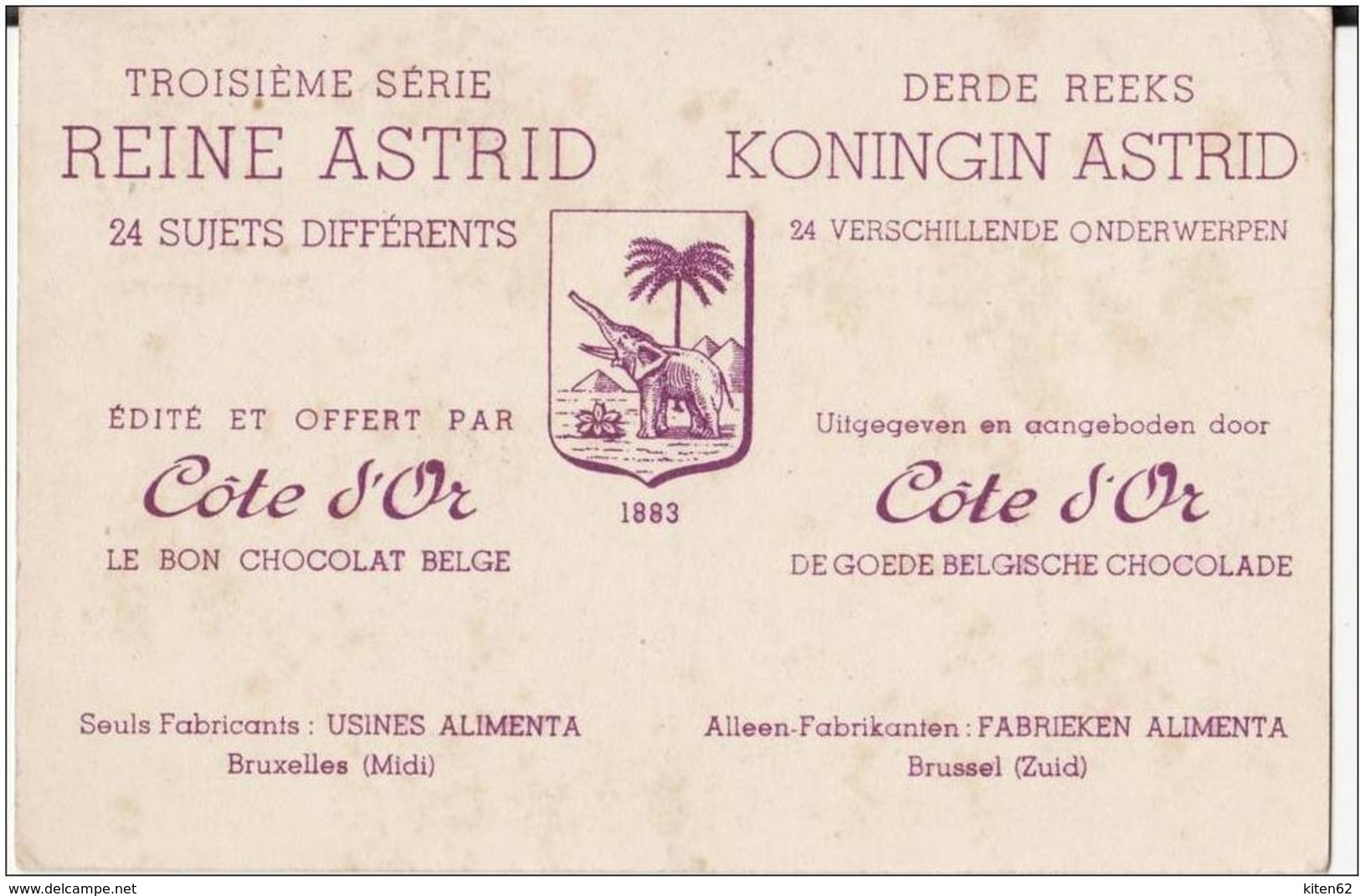 Belgique-Publicité Côte d'Or.7 cartes publicitaires série Reine Astrid.