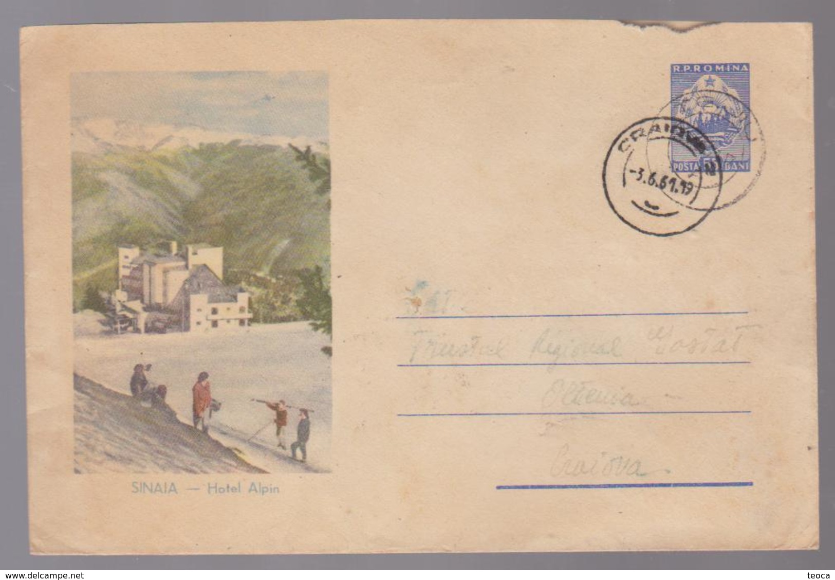 POSTAL STATIONERY  ROMANIA 1961, HOTEL  ALPIN SINAIA, CANCELLATION CRAIOVA AT TARGU-JIU - Briefe U. Dokumente