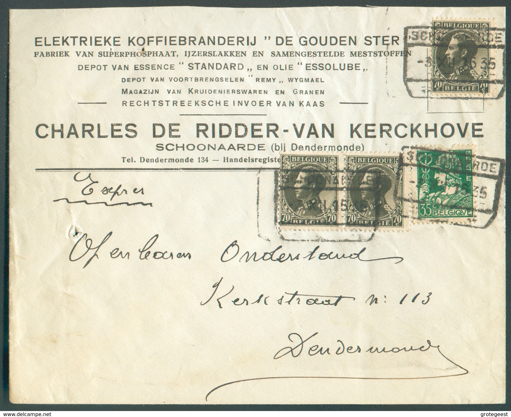 N°340-401(3) Obl. Ferroviaire SCHOONAERDE Sur Lettre Exprès (en-tête Elektrieke Koffiebranderij DE RIDDER) Du 3-XII-1935 - 1934-1935 Leopold III