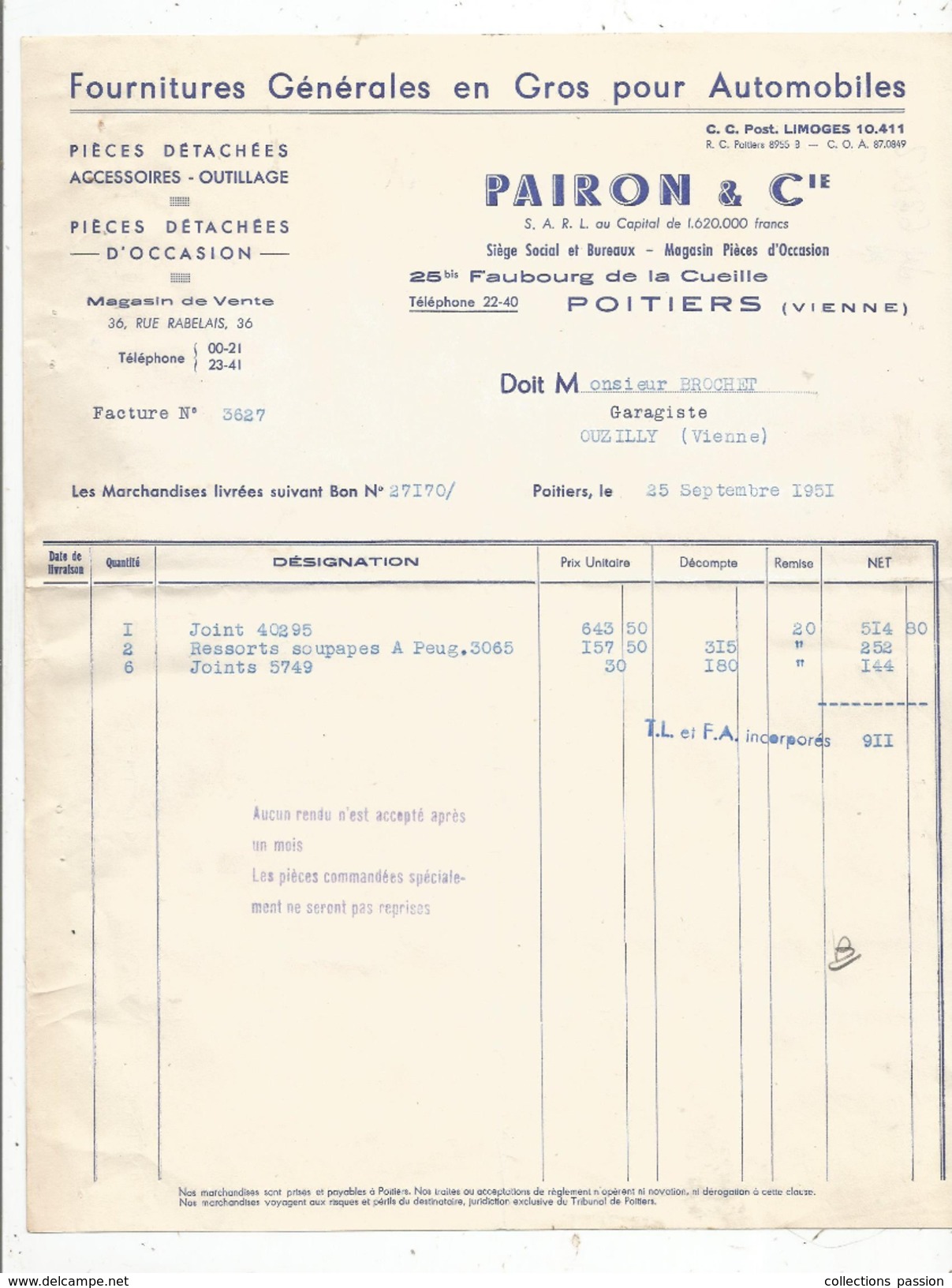 Facture , Fournitures Pour Automobiles , Pairon & Cie , Poitiers , 1951 , Frais Fr : 1.55 Euros - 1950 - ...