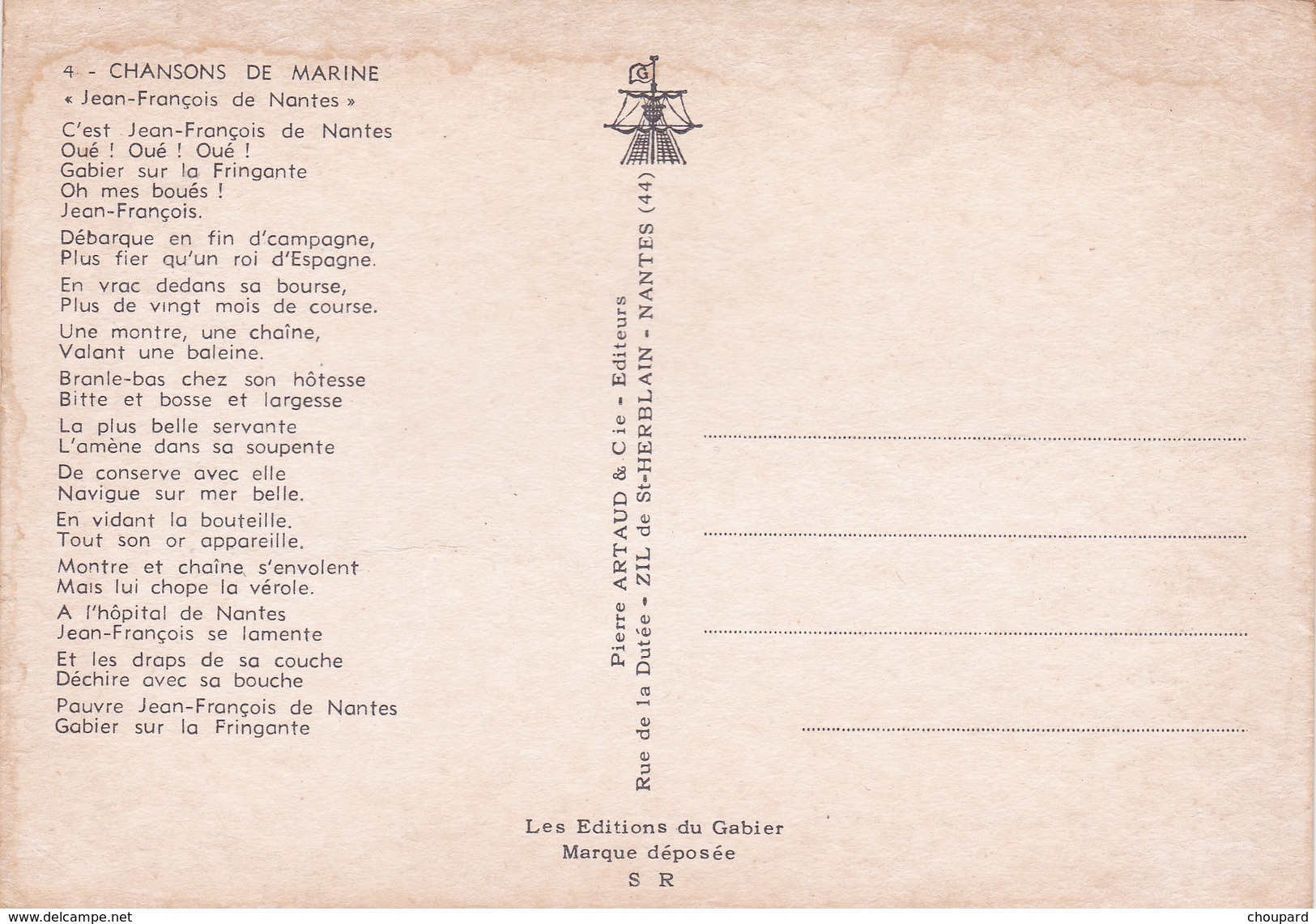 Carte Postale Semi Moderne Non Dentelée  De Chanson Du  Folklore Breton  Jean François De Nantes( Voir Le Scan ) - Nantes