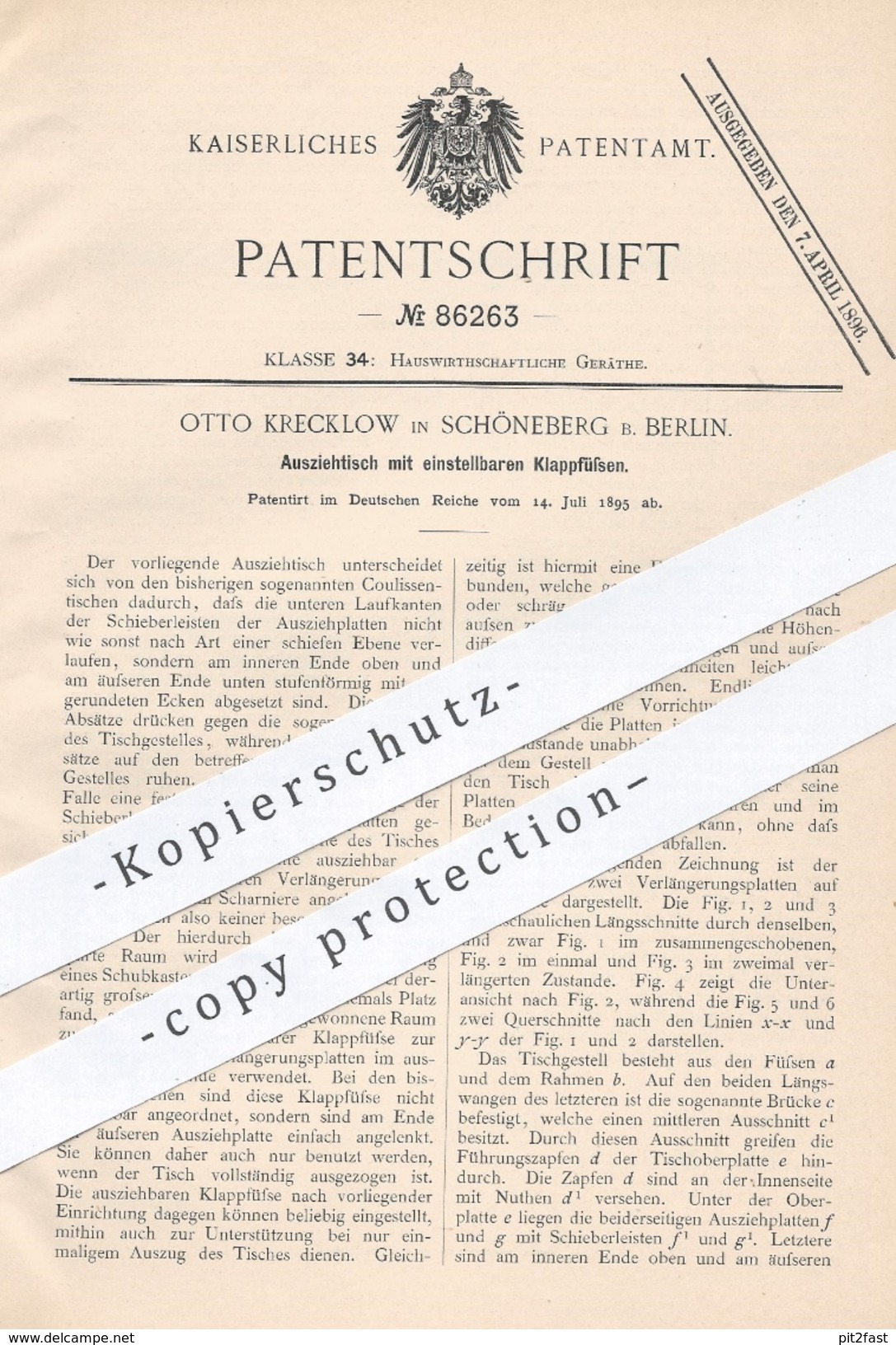 Original Patent - Otto Krecklow , Berlin / Schöneberg , 1895 , Ausziehtisch Mit Klappfüßen | Tisch , Tische , Tischler - Historische Dokumente