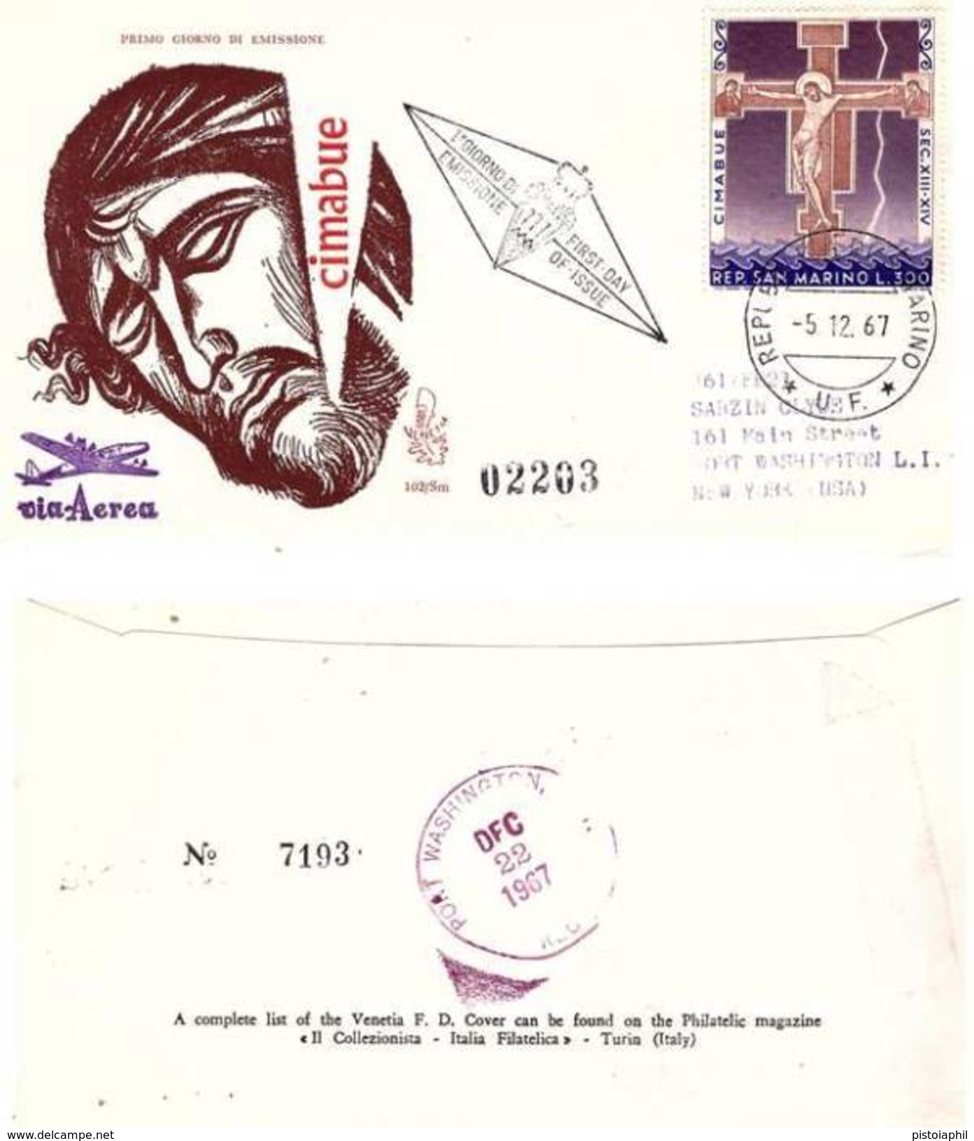 FDC Venetia San Marino N.102:  CIMABUE 1967 - Raccomandata AEREA ESTERA - FDC