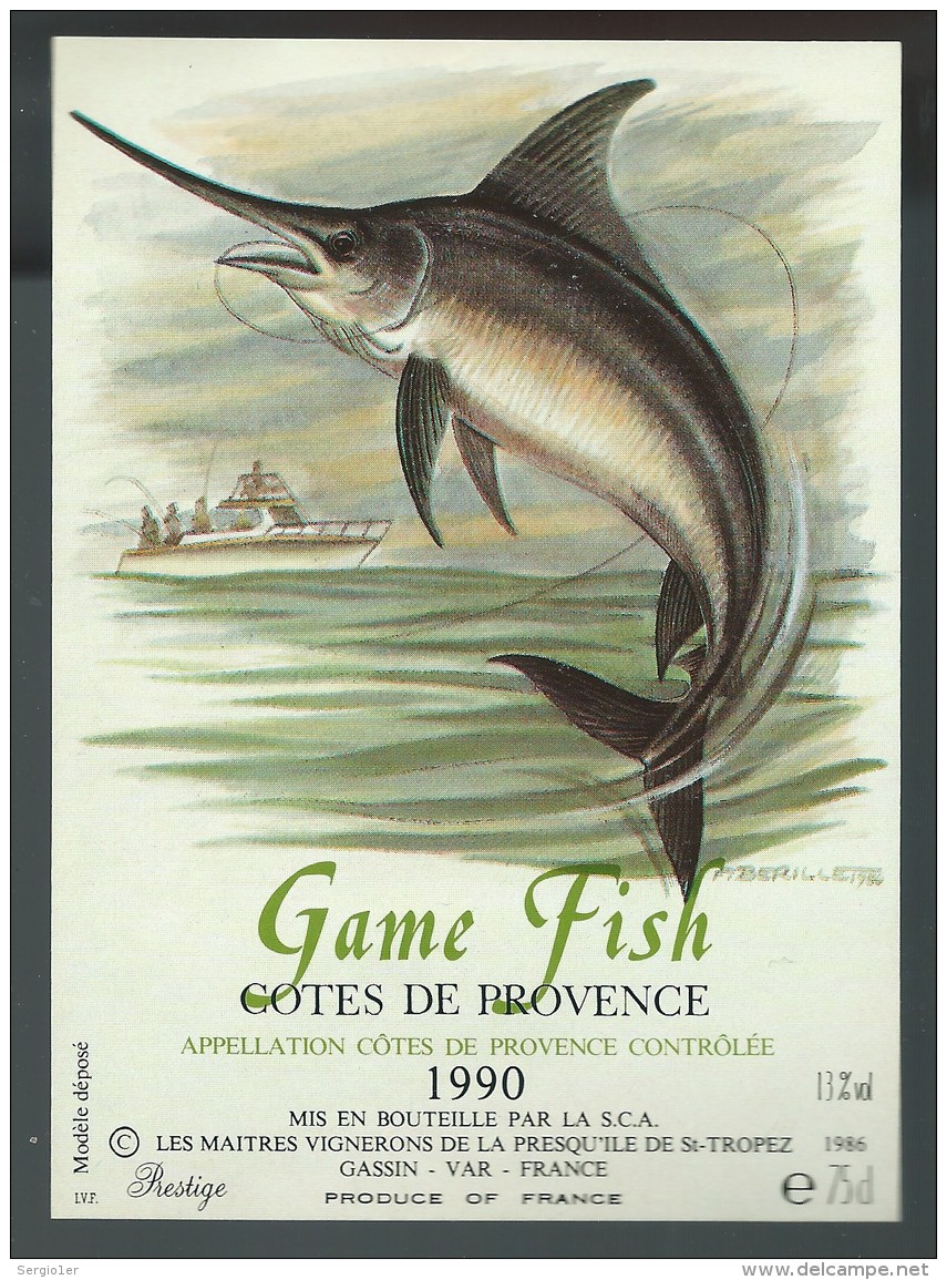 Etiquette   Game Fish     Côtes De Provence  1990   Gassin Var  "pêche, Bateau, Espadon " - Rosés