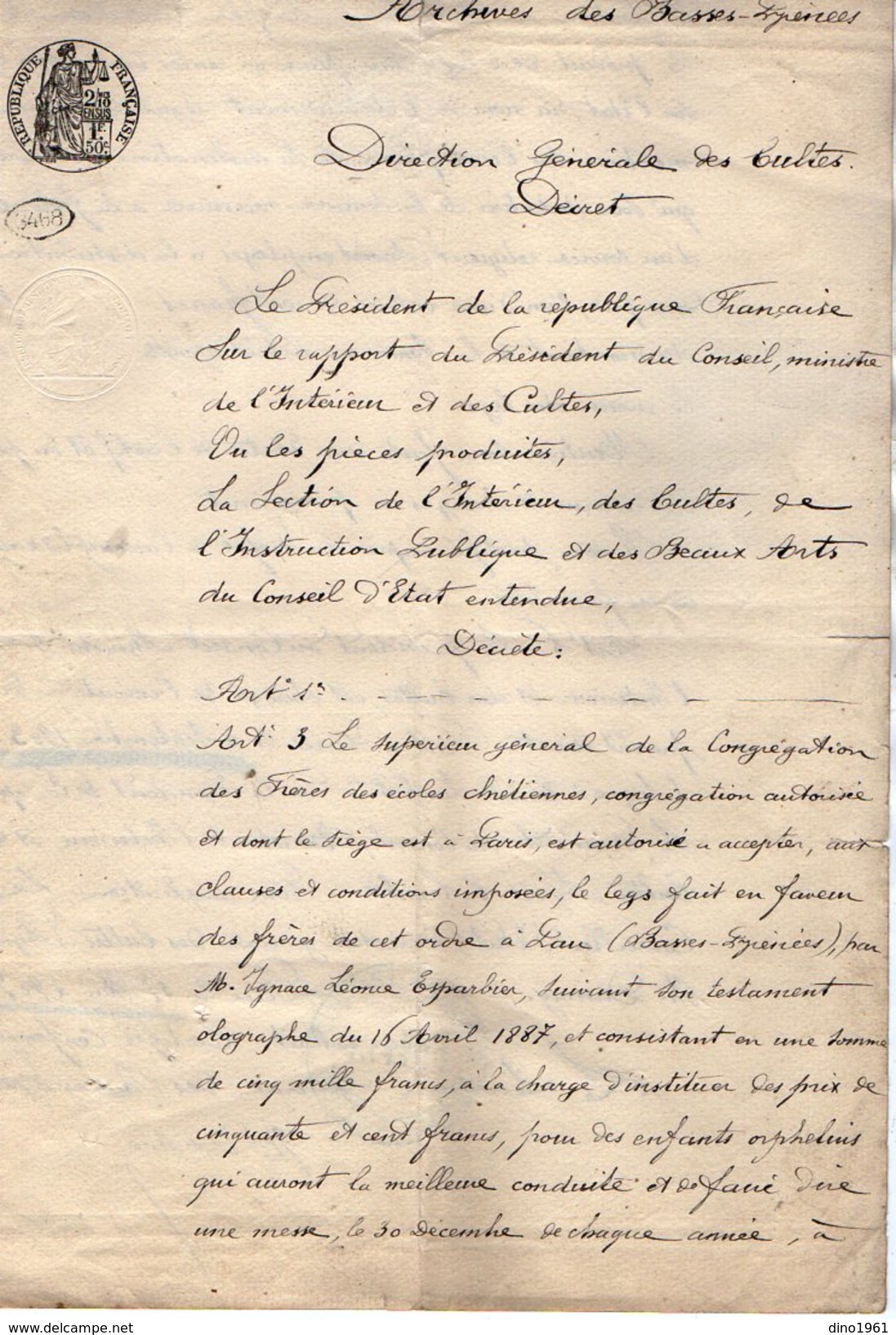 VP10.235 - PARIS 1899 - Acte & Décret Concernant Le Legs De Mr Léonce ESPARBIER De ASNIERES à La Congrégation...à PAU - Decreti & Leggi