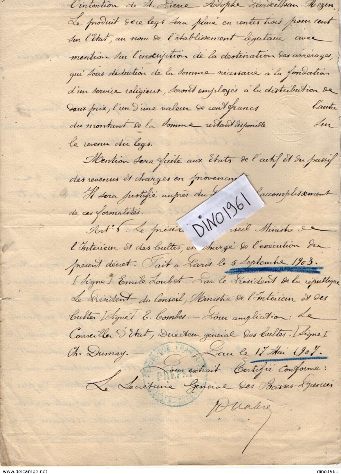 VP10.235 - PARIS 1899 - Acte & Décret Concernant Le Legs De Mr Léonce ESPARBIER De ASNIERES à La Congrégation...à PAU - Decreti & Leggi