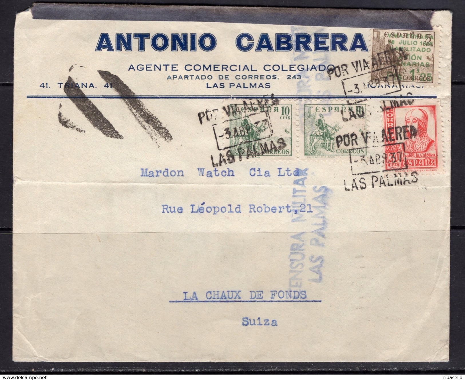 España 1937. Canarias. Carta De Las Palmas A La Chaux De Fonds. Censura. - Marcas De Censura Nacional