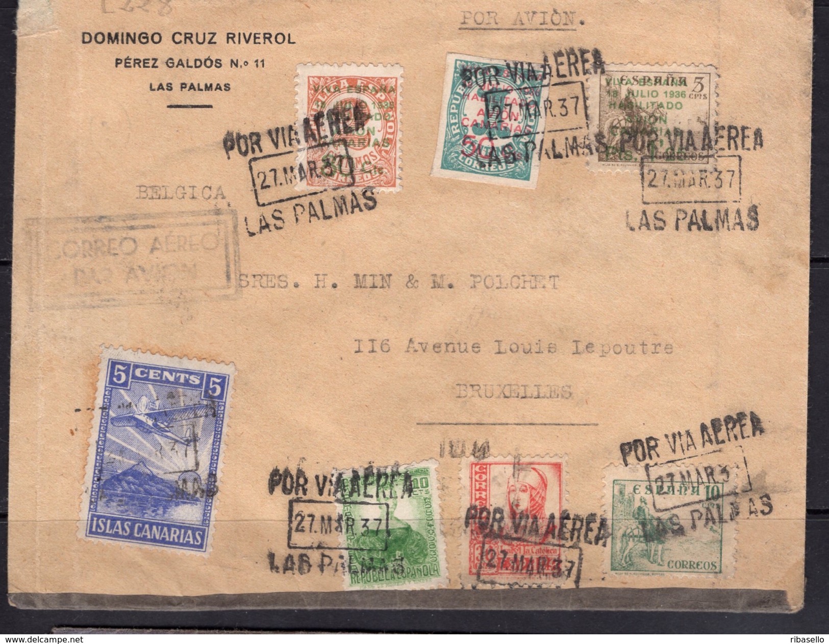 España 1937. Canarias. Carta De Las Palmas A Bruselas. Censura. - Marcas De Censura Nacional