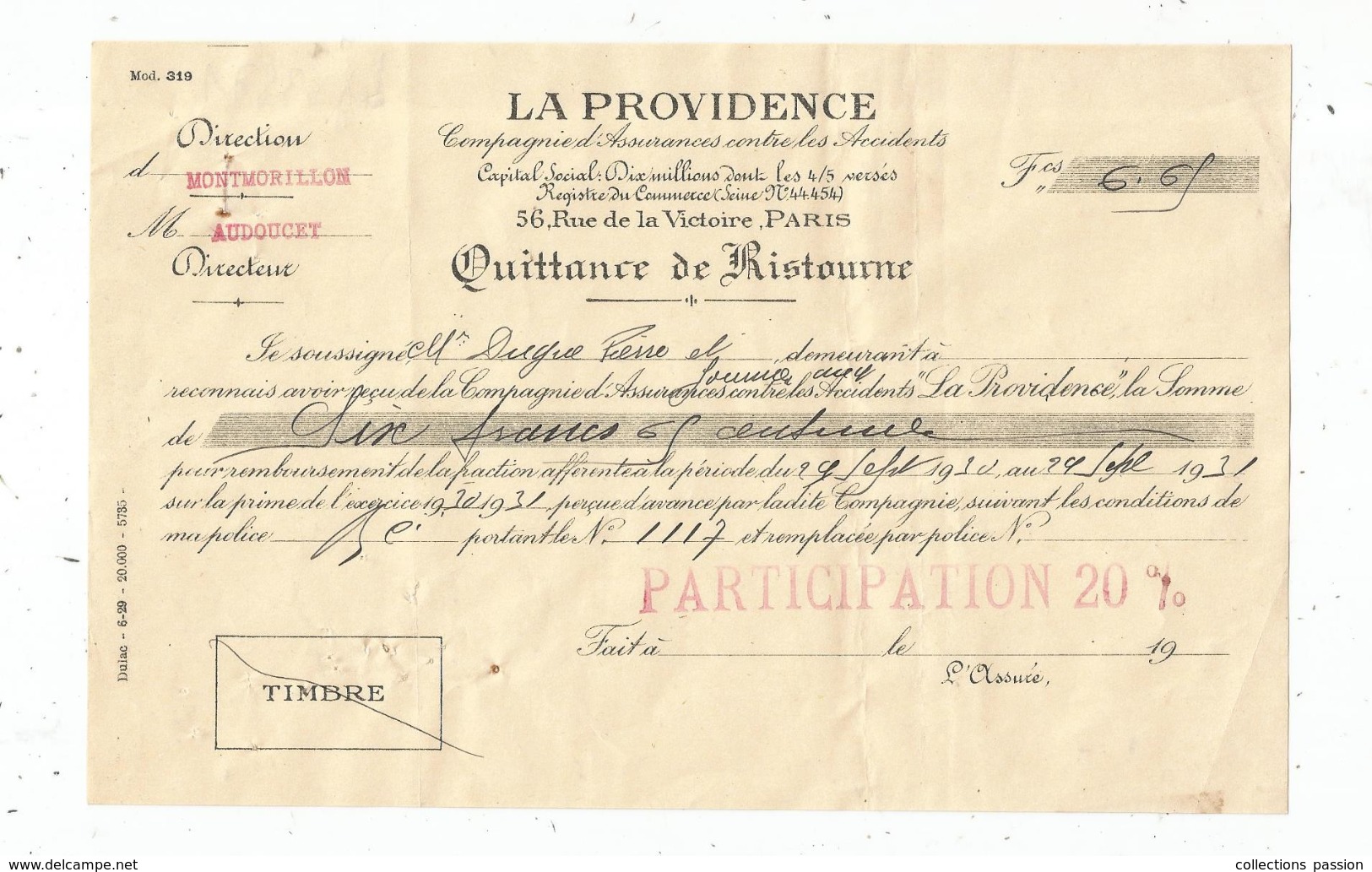 Quittance De Ristourne , LA PROVIDENCE , Montmorillon ,1931  , Frais Fr : 1.55 Euros - 1950 - ...