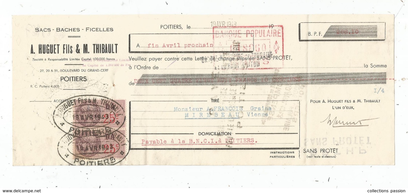 Lettre De Change , 1943 , Sacs , Baches , A. Huguet Fils & M. Thibault , Poitiers , 2 Scans , Frais Fr : 1.55 Euros - Bills Of Exchange