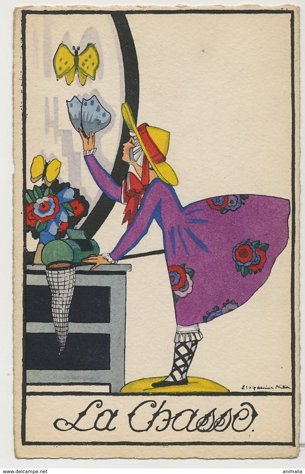 Art Deco  Carte Pochoir  Signée Denise Millon La Chasse Belle Jeune Fille Chassant Les Papillons Butterfly - Autres & Non Classés