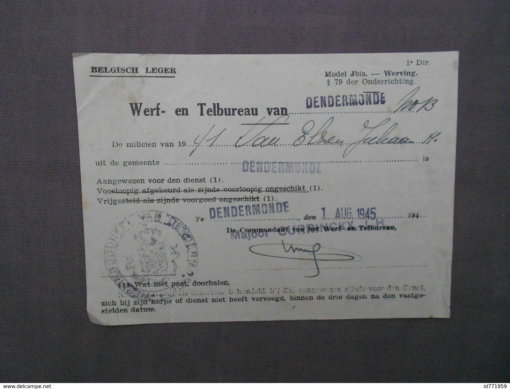 7 Documenten Belgisch Leger Werfbureau Dendermonde 1939 Tot 1951 Soldaat Oorlog Goossens A. Van Elsen  De Nijs - Documents