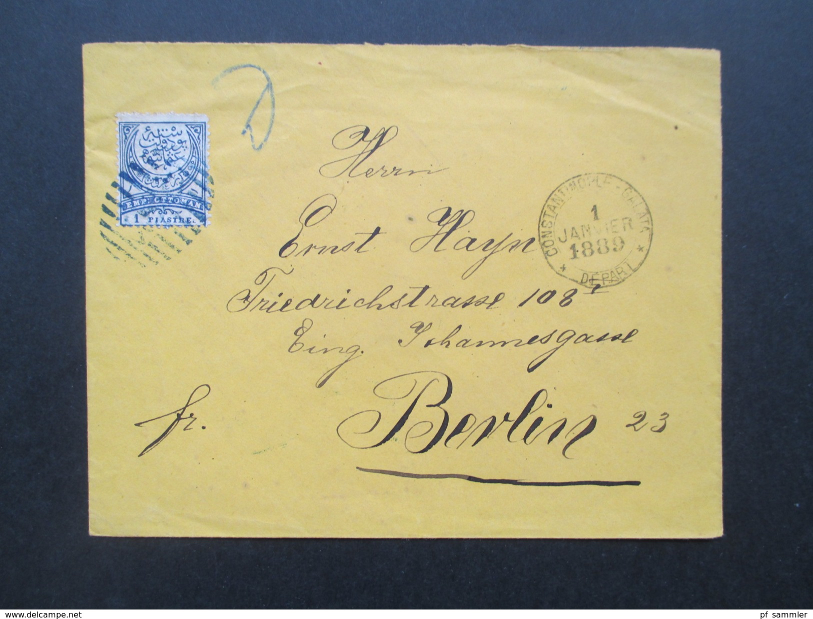 Türkei 1889 Nr. 47 EF Constantinople Galata - Berlin Friedrichstrasse. Strichstempel!! Interessanter Beleg! - Storia Postale