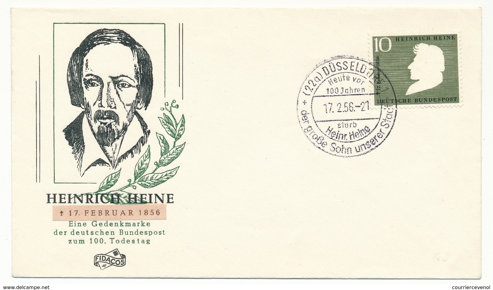 ALLEMAGNE - Enveloppe FDC => "Heinrich Heine" - Düsseldorf - 17.2.1956 - Autres & Non Classés