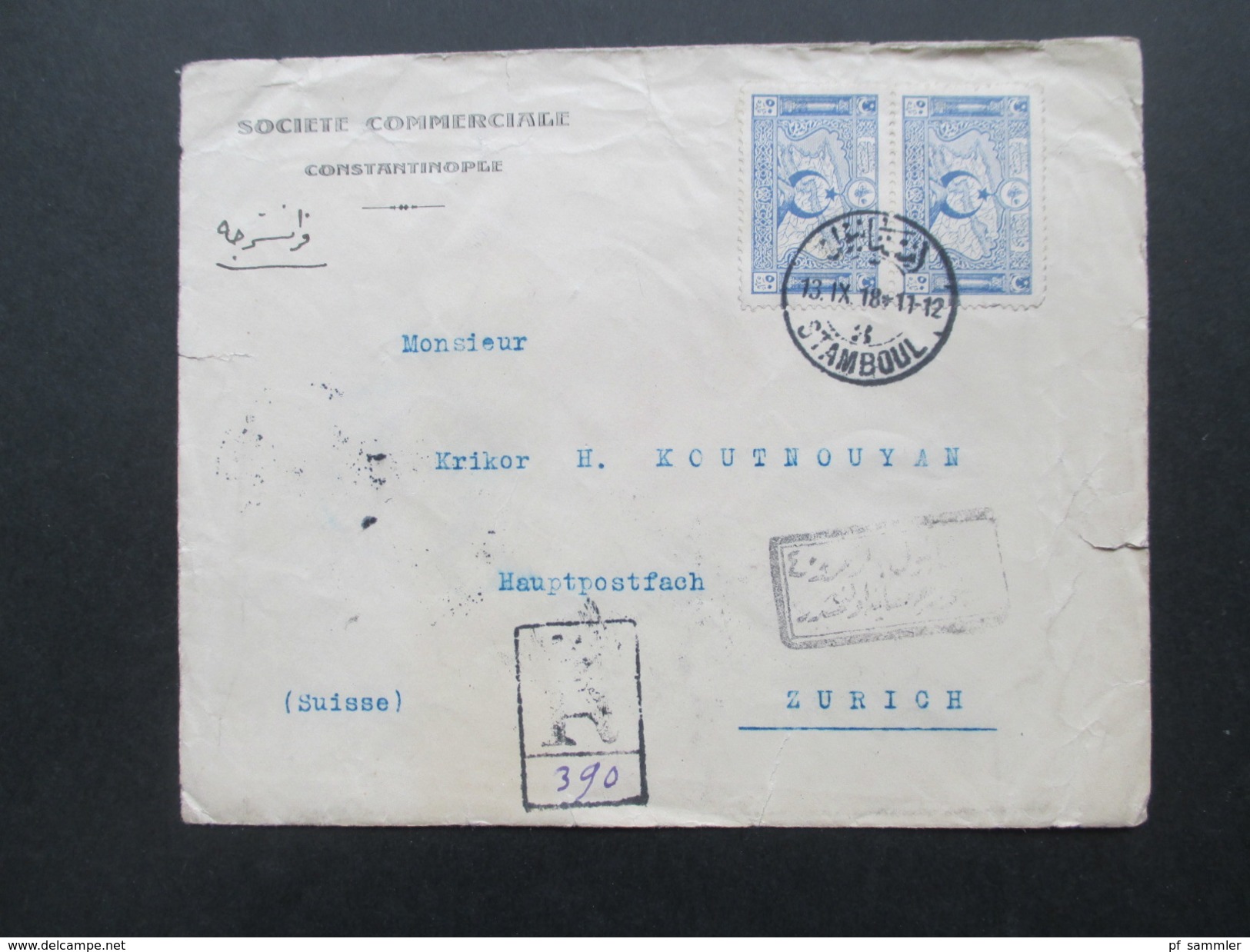 Türkei 1918 Nr. 634 MeF Societe Commerciale Constantinople - Zürich. Papiersiegel! Interessanter Beleg! - Lettres & Documents