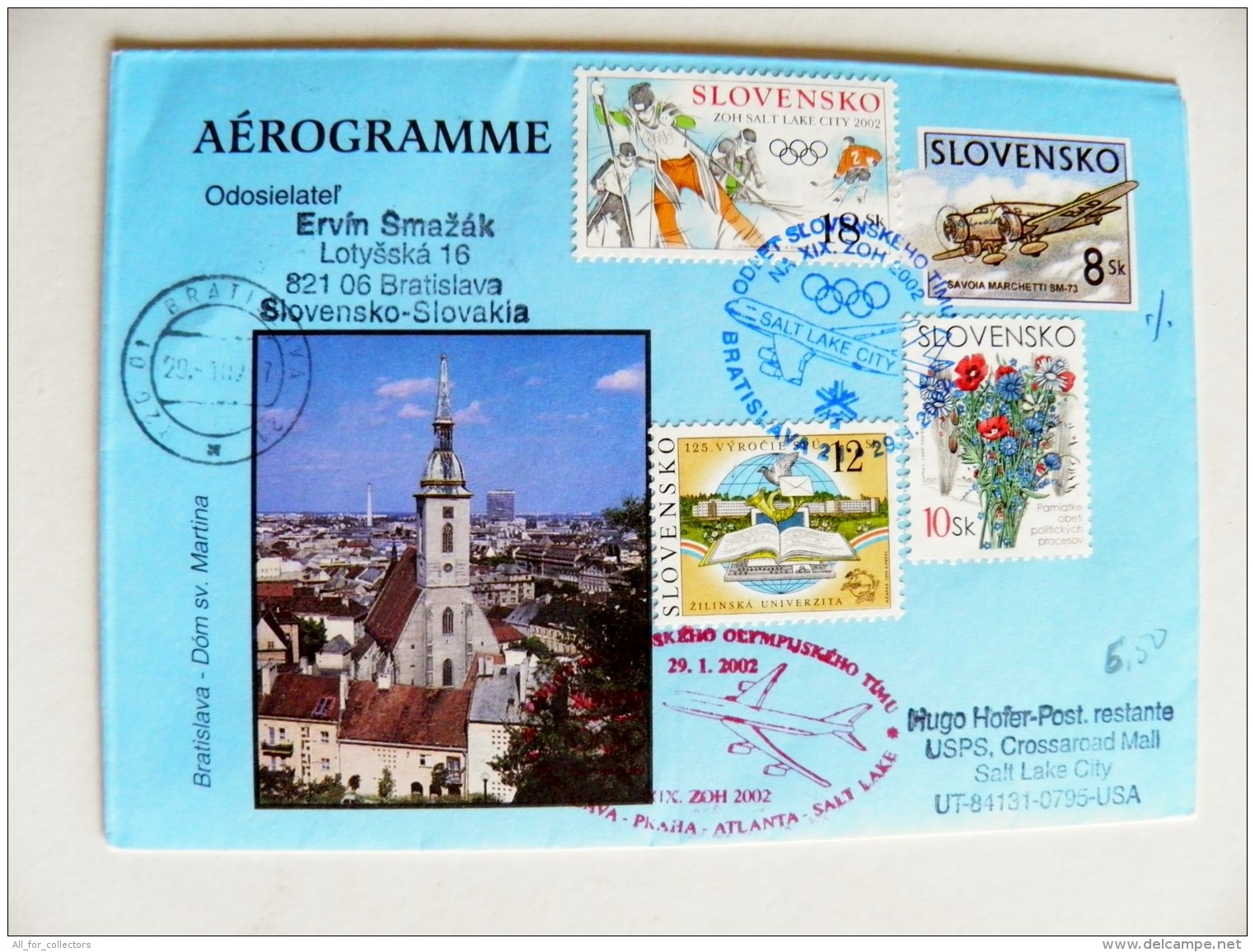 Aerogramme Slovakia 2002 Sport Special Cancel Olympic Games Salt Lake City Plane Avion Registered - Covers & Documents