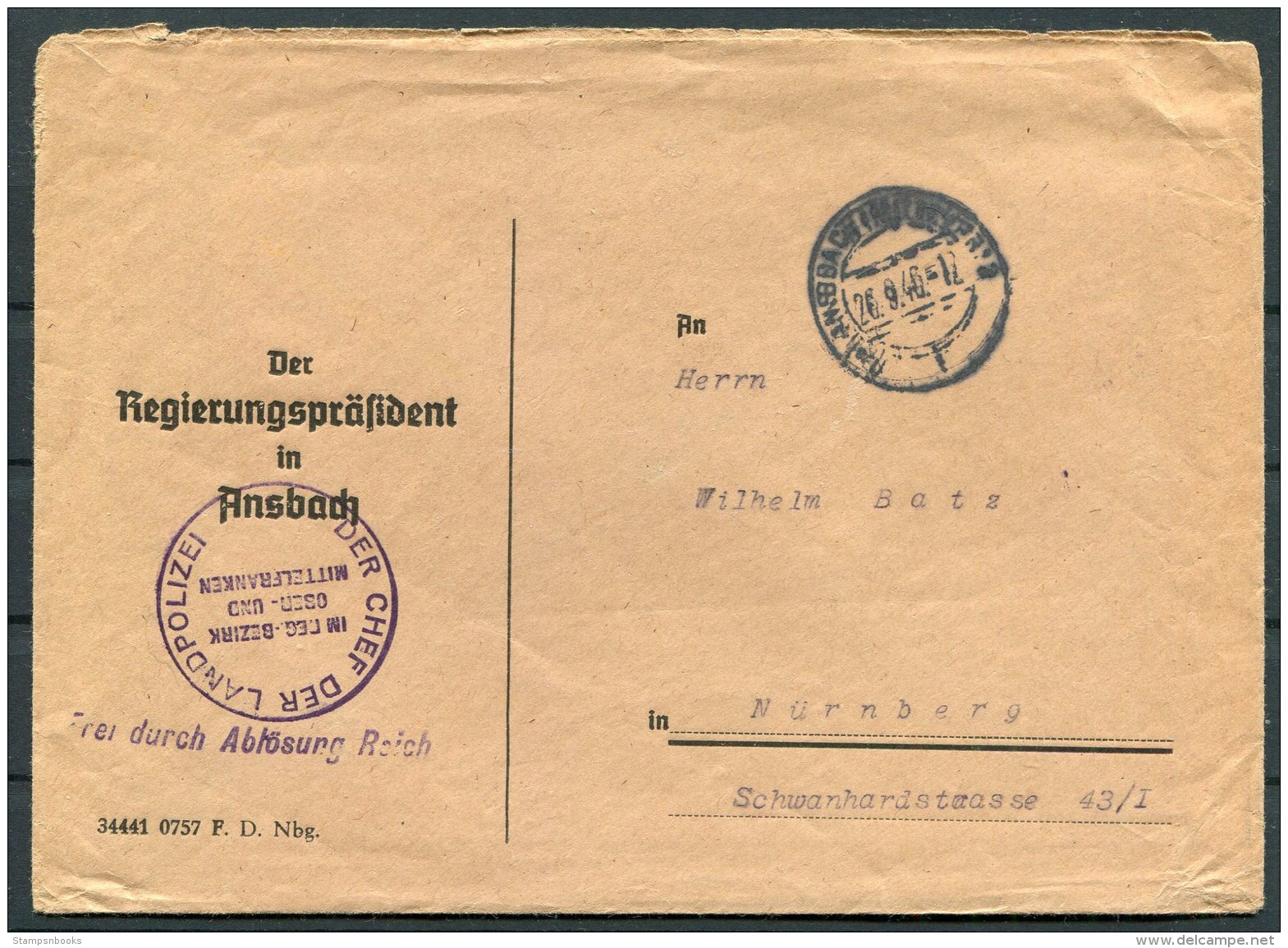 1946 Germany 'Frei Durch Ablosung' Ansbach Landpolizei Police Cover - Sonstige & Ohne Zuordnung