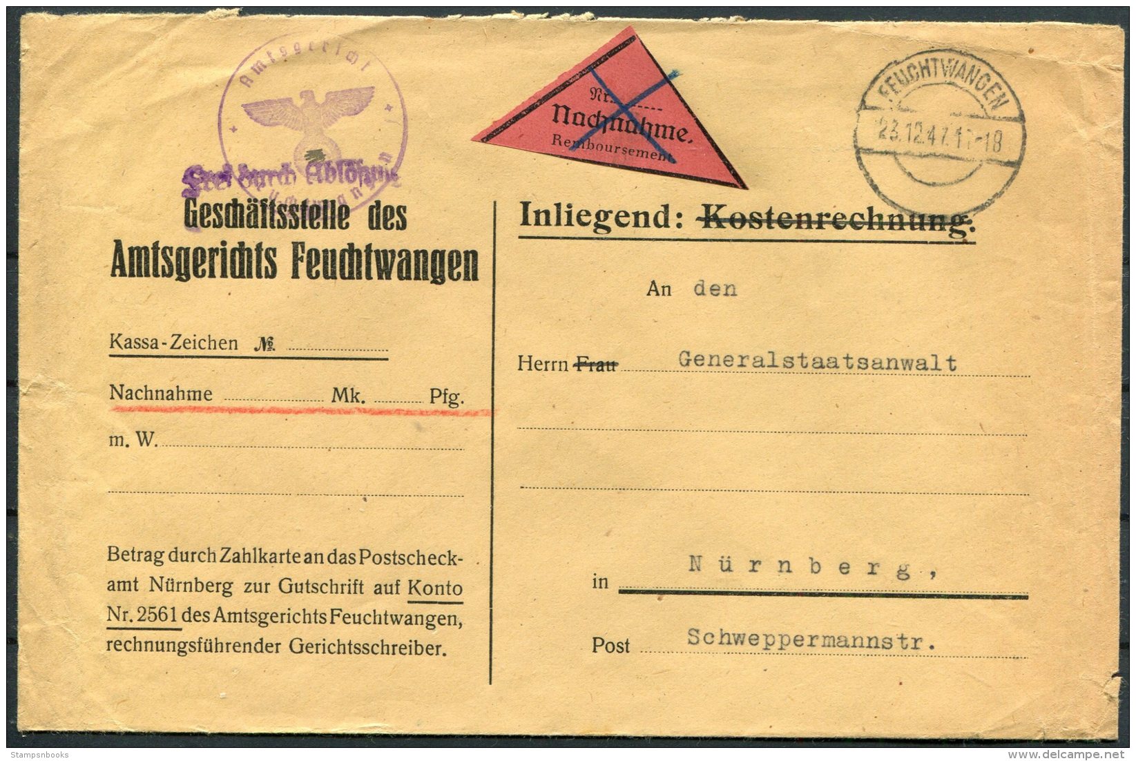 1947 Germany 'Frei Durch Ablosung' Feuchtwagen Amtsgerichts Nachnahme Cover - Nurnberg - Sonstige & Ohne Zuordnung