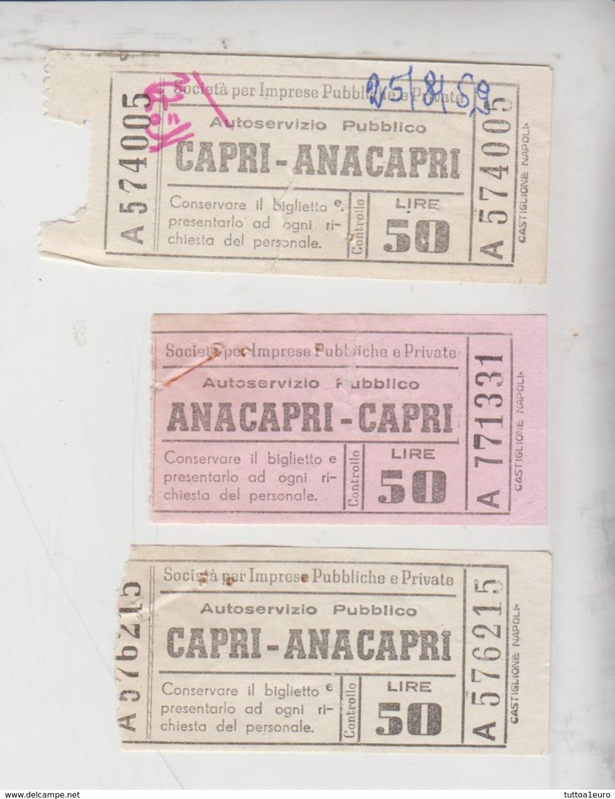 Capri Anacapri Ticket Biglietto Buillet Soc. Imprese Pubbl. Private 1959  Gg - Europa