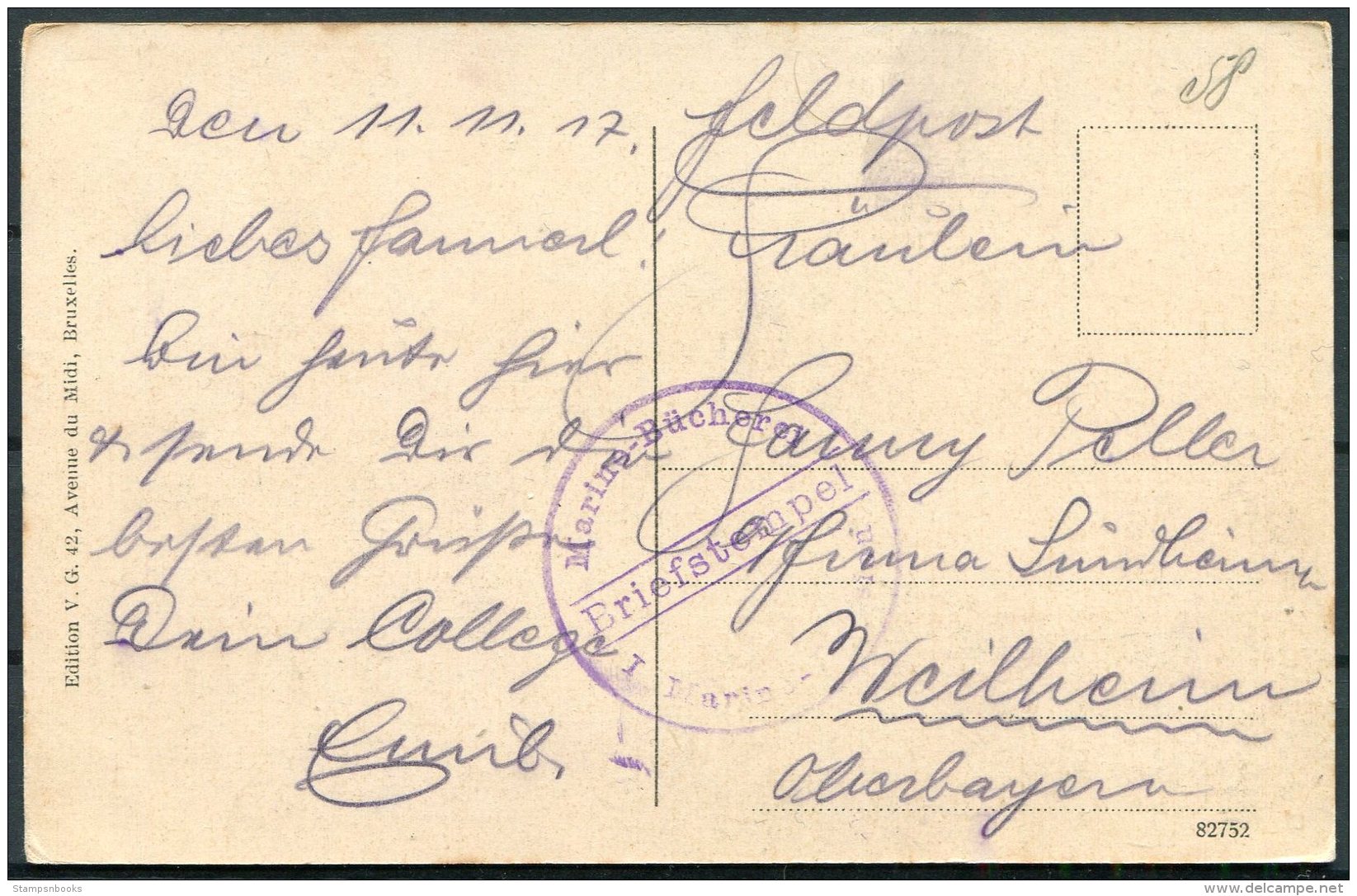 1917 Belgium Germany Ostende Postcard K.D. Feldpost Marine Bucherie - Briefe U. Dokumente