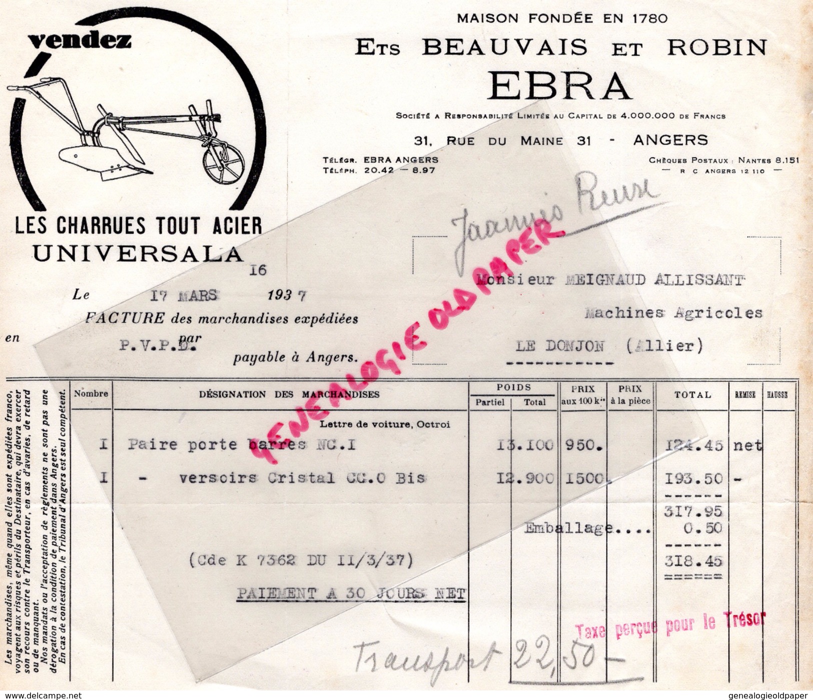 49- ANGERS-FACTURE ETS. BEAUVAIS ET ROBIN- EBRA- CHARRUES ACIER UNIVERSALA- A M. MEIGNAUD ALLISSANT A LE DONJON 03- 1937 - Petits Métiers