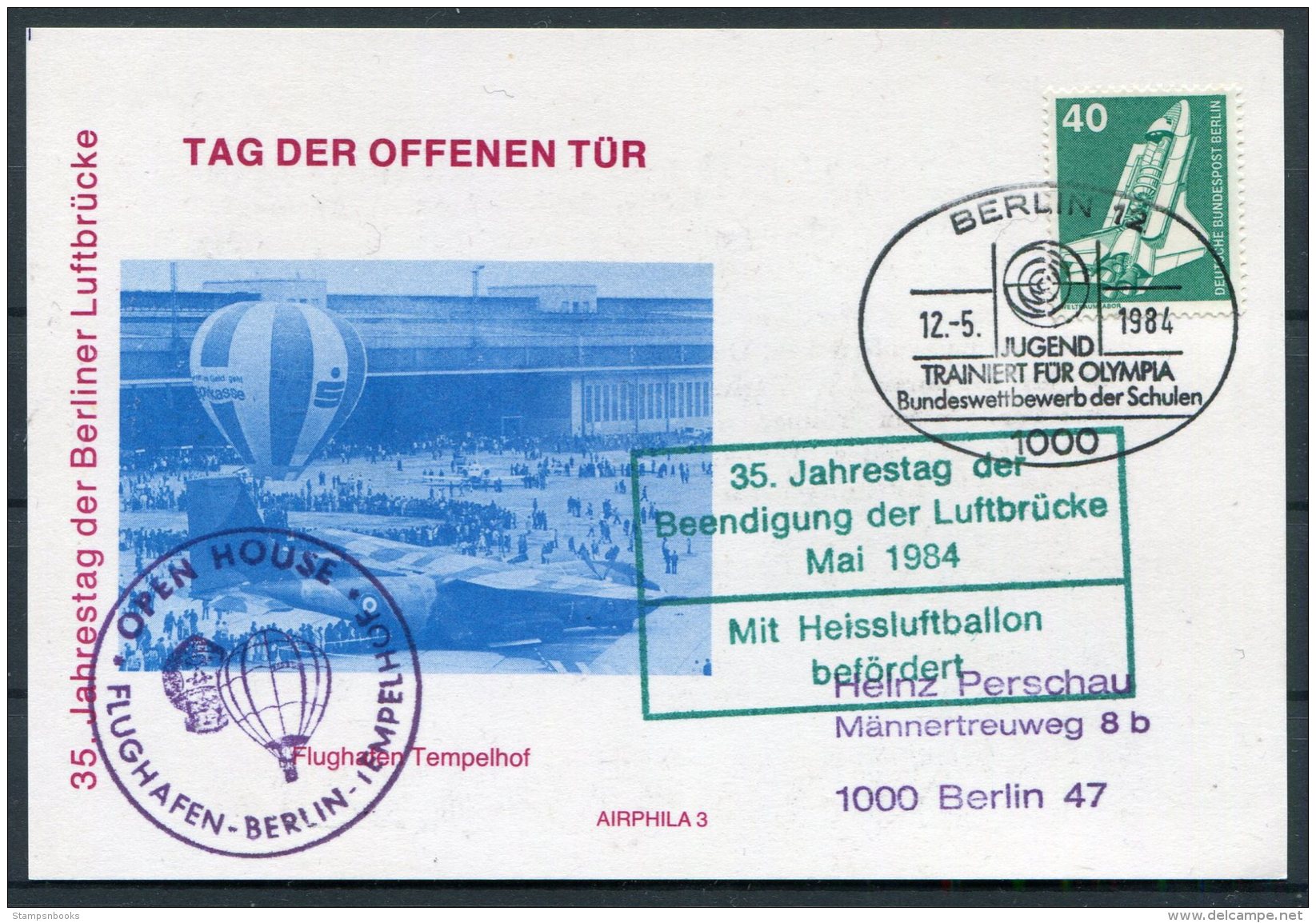 1984 Germany Berlin Flughafen Open House Ballon Postcard. Berlin Airlift 35th Anniversary / Jugend Olympia Schulen - Airships