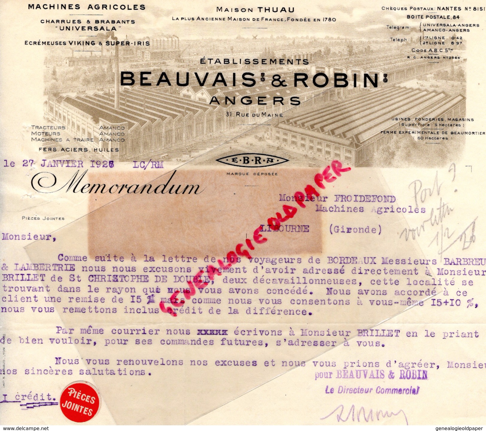 49- ANGERS-FACTURE ETS. BEAUVAIS ET ROBIN- EBRA- CHARRUES ACIER UNIVERSALA-  THUAU- A M. FROIDEFOND A LIBOURNE- 1926 - Straßenhandel Und Kleingewerbe