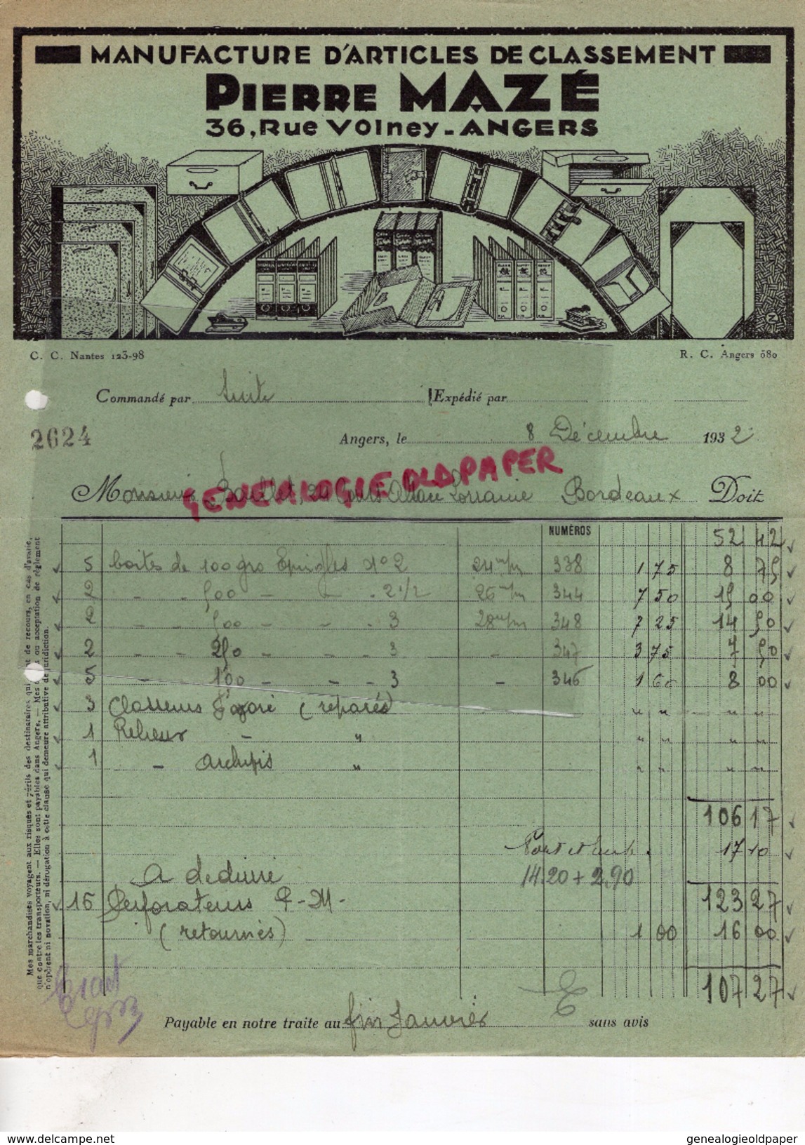 49- ANGERS- FACTURE PIERRE MAZE- MANUFACTURE ARTICLES DE CLASSEMENT-36 RUE VOLNEY- 1932 - Straßenhandel Und Kleingewerbe