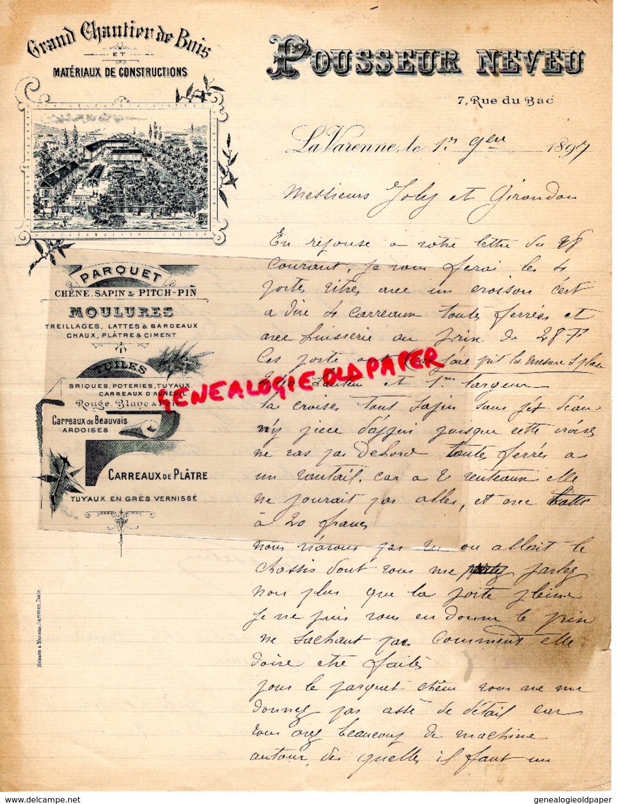 49- LA VARENNE- LETTRE MANUSCRITE SIGNEE POUSSEUR NEVEU- GRAND CHANTIER DE BOIS-SCIERIE- 7 RUE DU BAC- 1897 - Petits Métiers