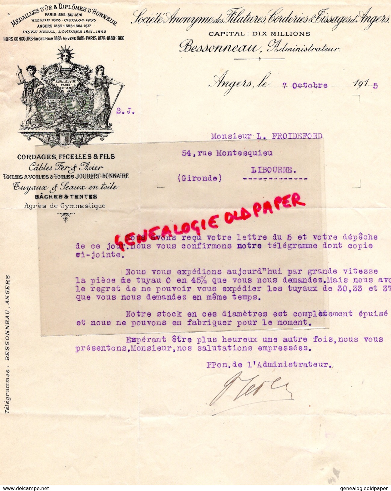 49- ANGERS- LETTRE FILATURES CORDERIES TISSAGES- BESSONNEAU- 1915 A M. FROIDEFOND A LIBOURNE - Petits Métiers