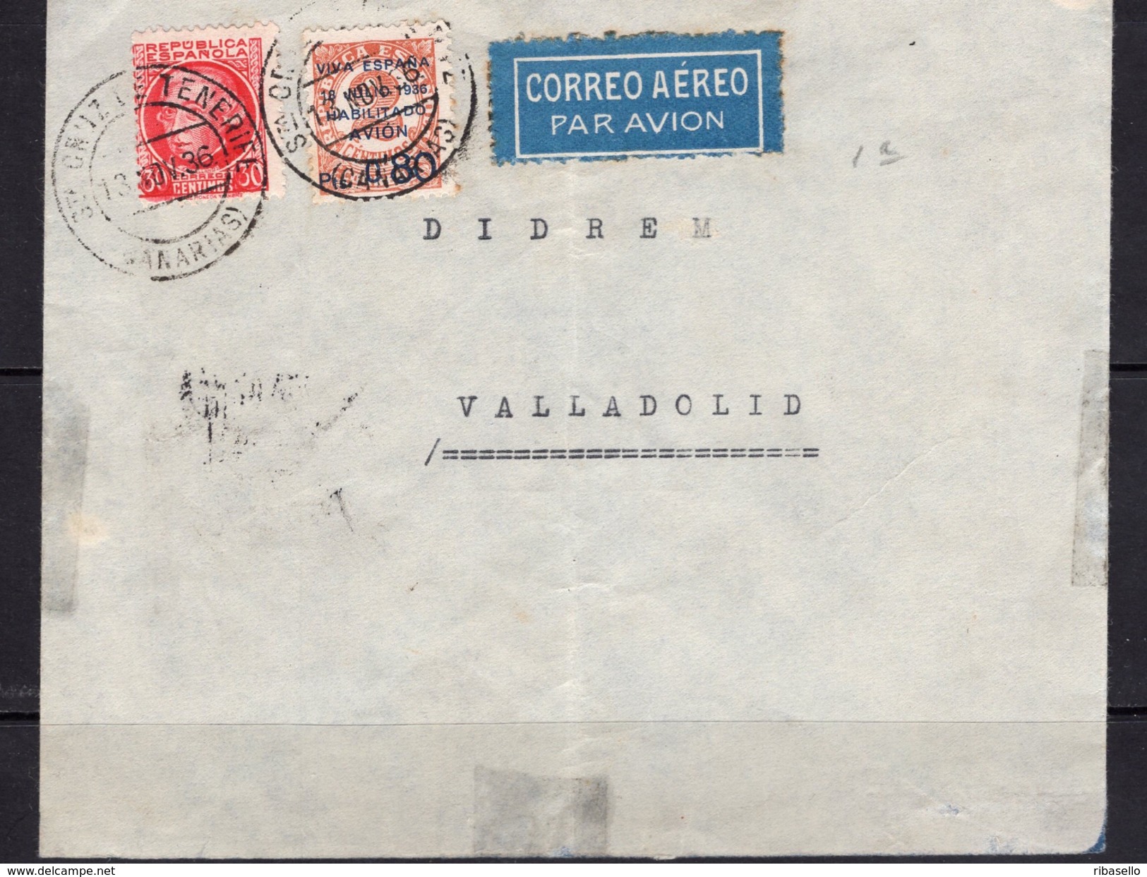 España 1936. Canarias. Carta De Tenerife A Valladolid. Censura. - Marcas De Censura Nacional