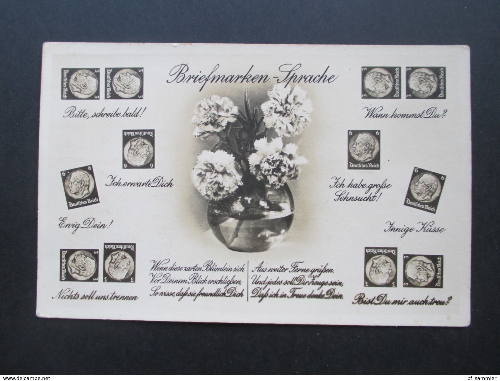 AK 1930er Jahre Deutsches Reich Hindenburg. Briefmarkensprache. Blumenstrauß. Amag. Echtfoto - Sellos (representaciones)