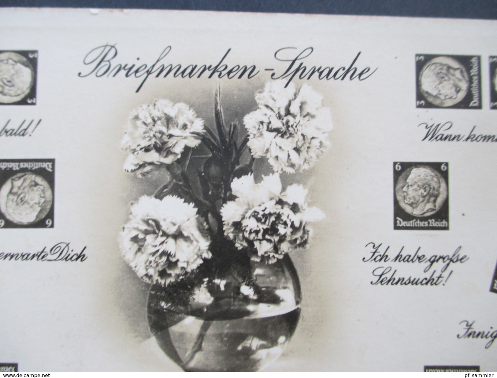 AK 1930er Jahre Deutsches Reich Hindenburg. Briefmarkensprache. Blumenstrauß. Amag. Echtfoto - Postzegels (afbeeldingen)