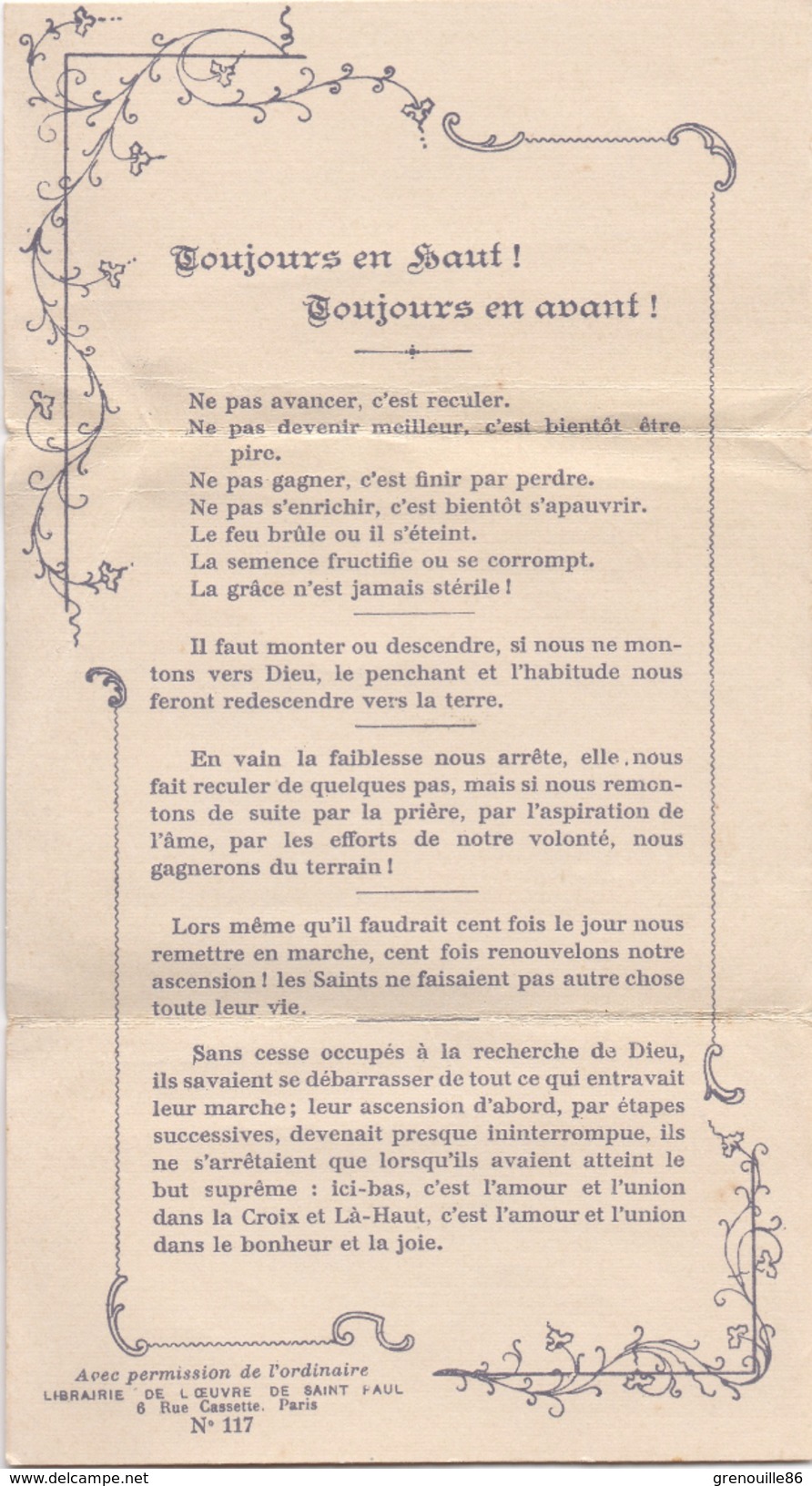 IMAGE PIEUSE - "Toujours En Haut Toujours En Avant" Oeuvre De St Paul N° 117 - Images Religieuses