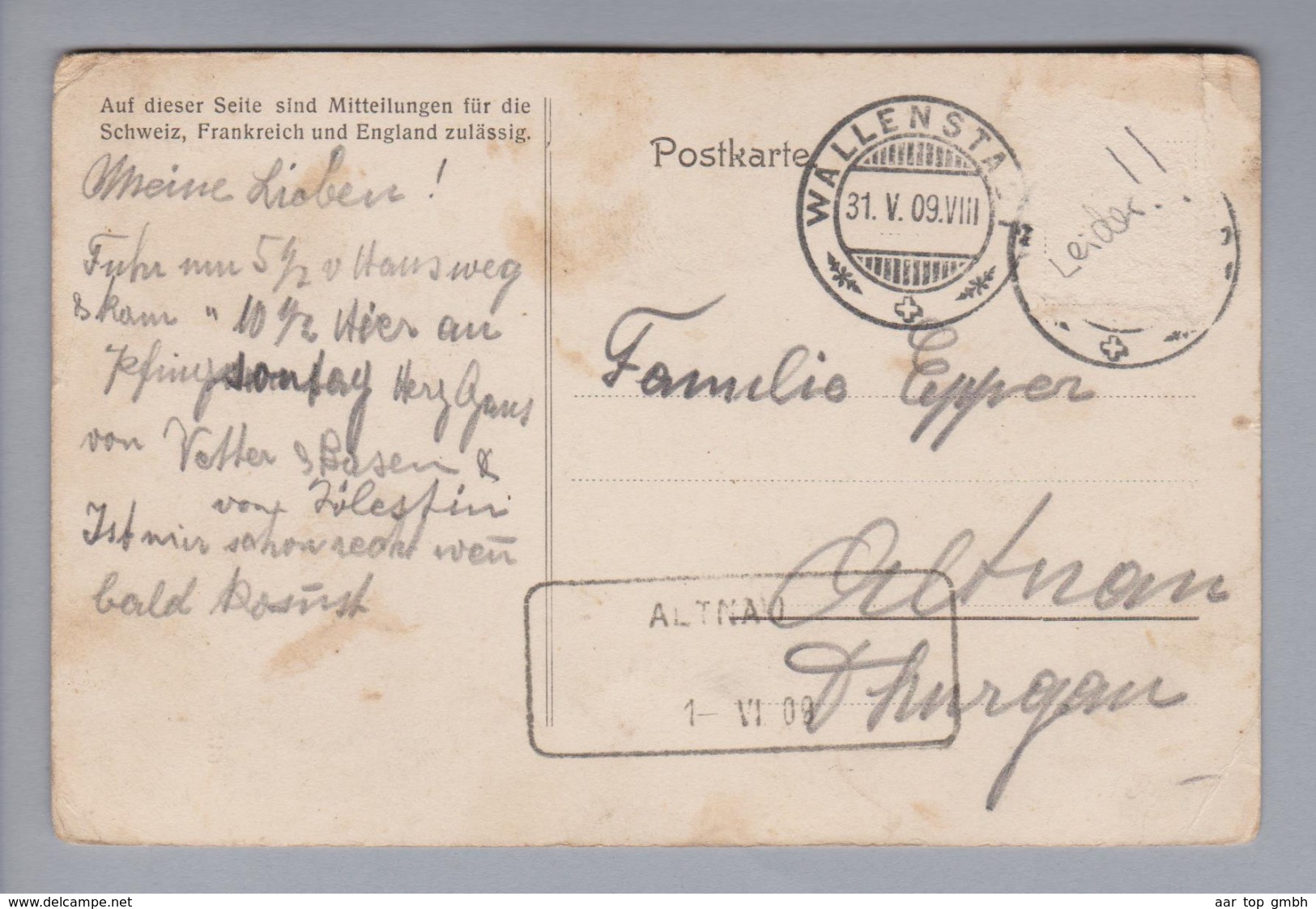 Heimat CH TG Altnau 1909-06-01 Aushilfsstempel Ankunft Auf Postkarte Von Wallenstadt (Marke Fehlt) - Briefe U. Dokumente