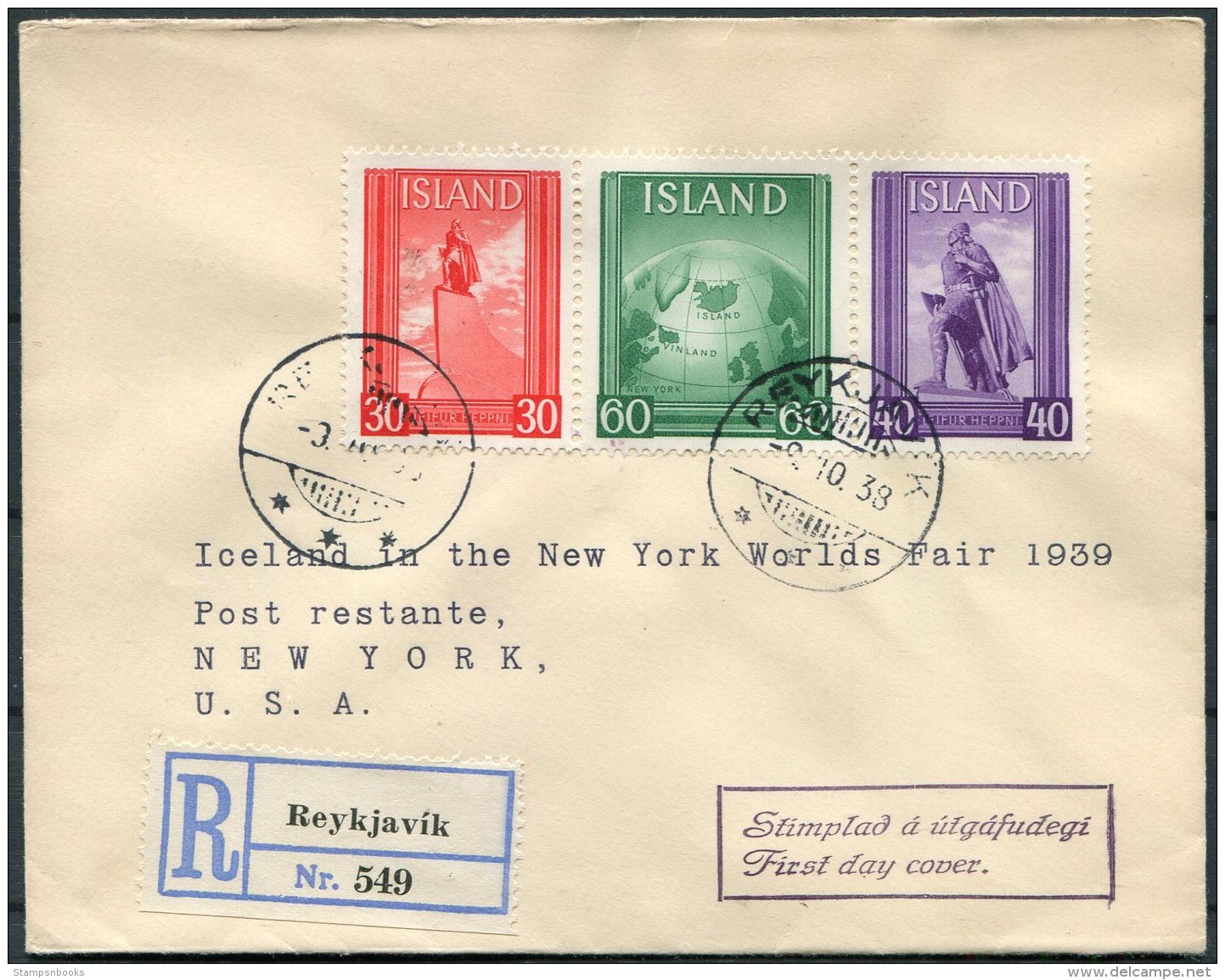 1939 Iceland New York World Fair Registered First Day Cover, FDC - Cartas & Documentos