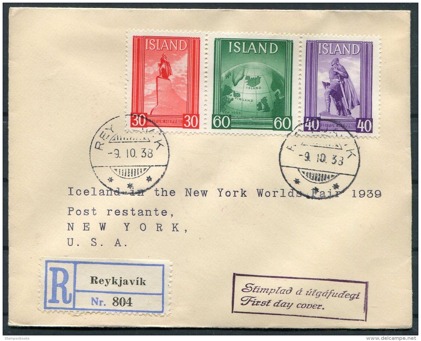 1939 Iceland New York World Fair Registered First Day Cover, FDC - Briefe U. Dokumente