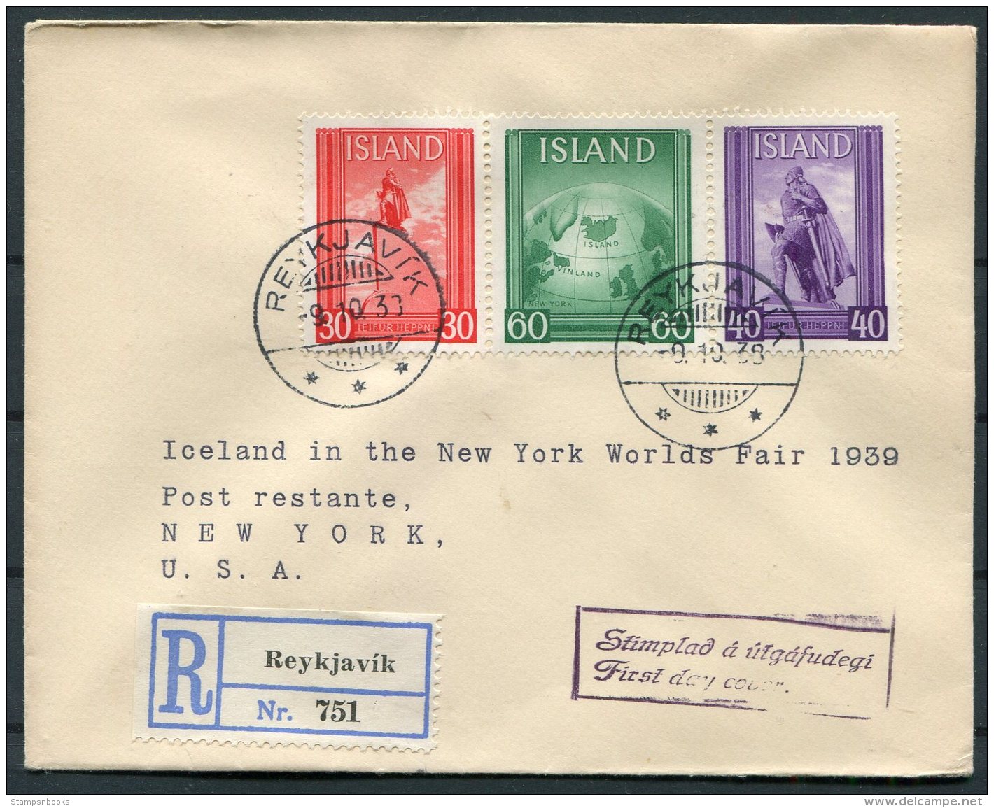 1939 Iceland New York World Fair Registered First Day Cover, FDC - Brieven En Documenten