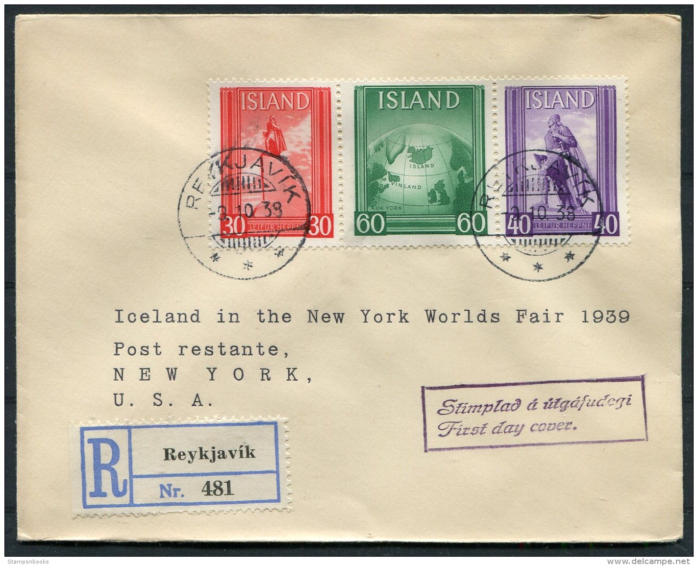 1939 Iceland New York World Fair Registered First Day Cover, FDC - FDC