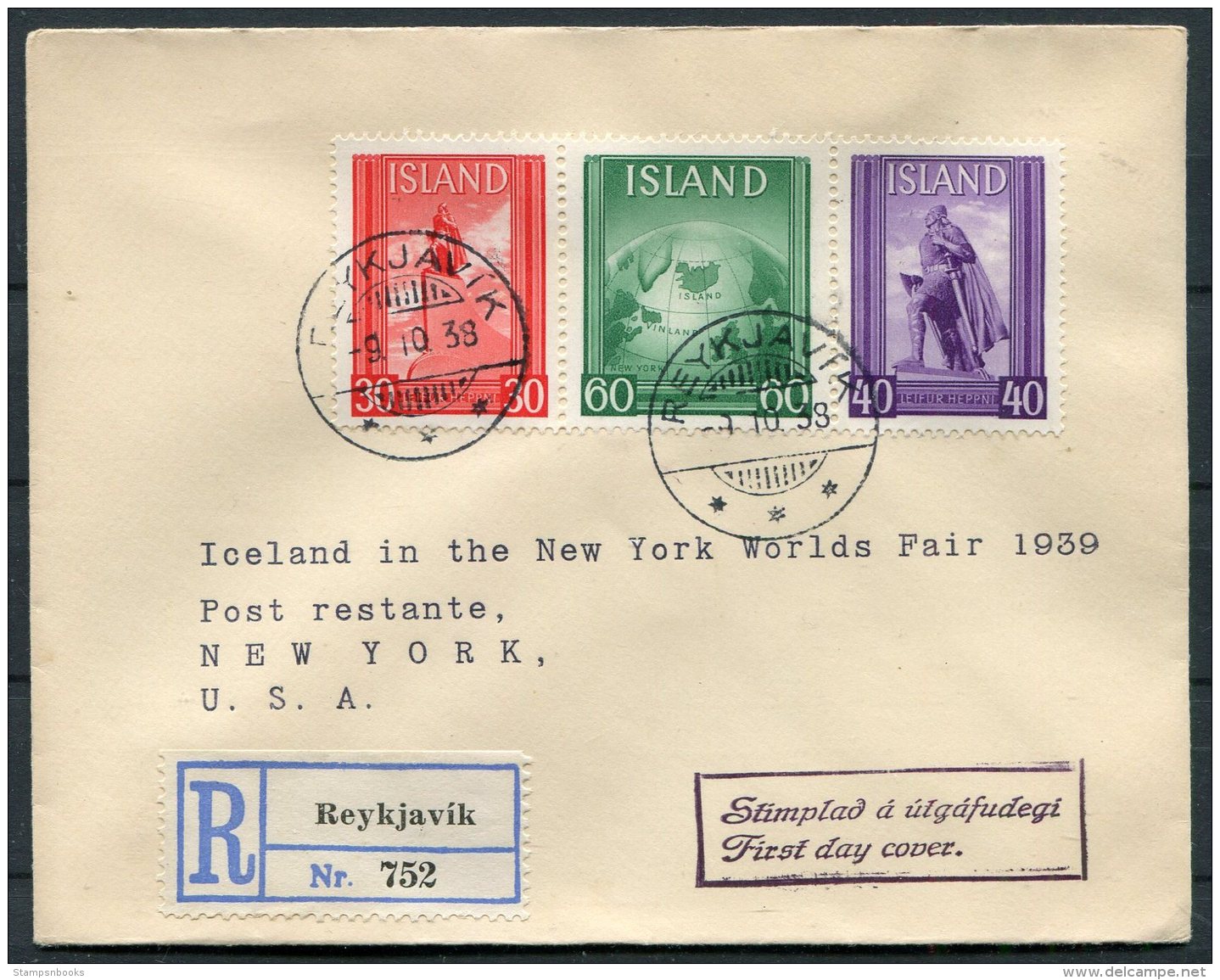 1939 Iceland New York World Fair Registered First Day Cover, FDC - FDC