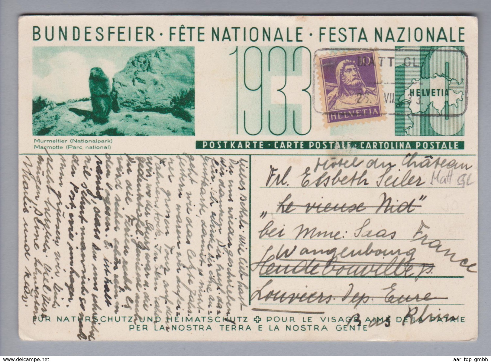 Heimat CH GL Matt 1933-07-28 Aushilfsstempel Auf Bundesfeierkarte (Murmeltier) Ins Elsass Wangenbourg - Briefe U. Dokumente