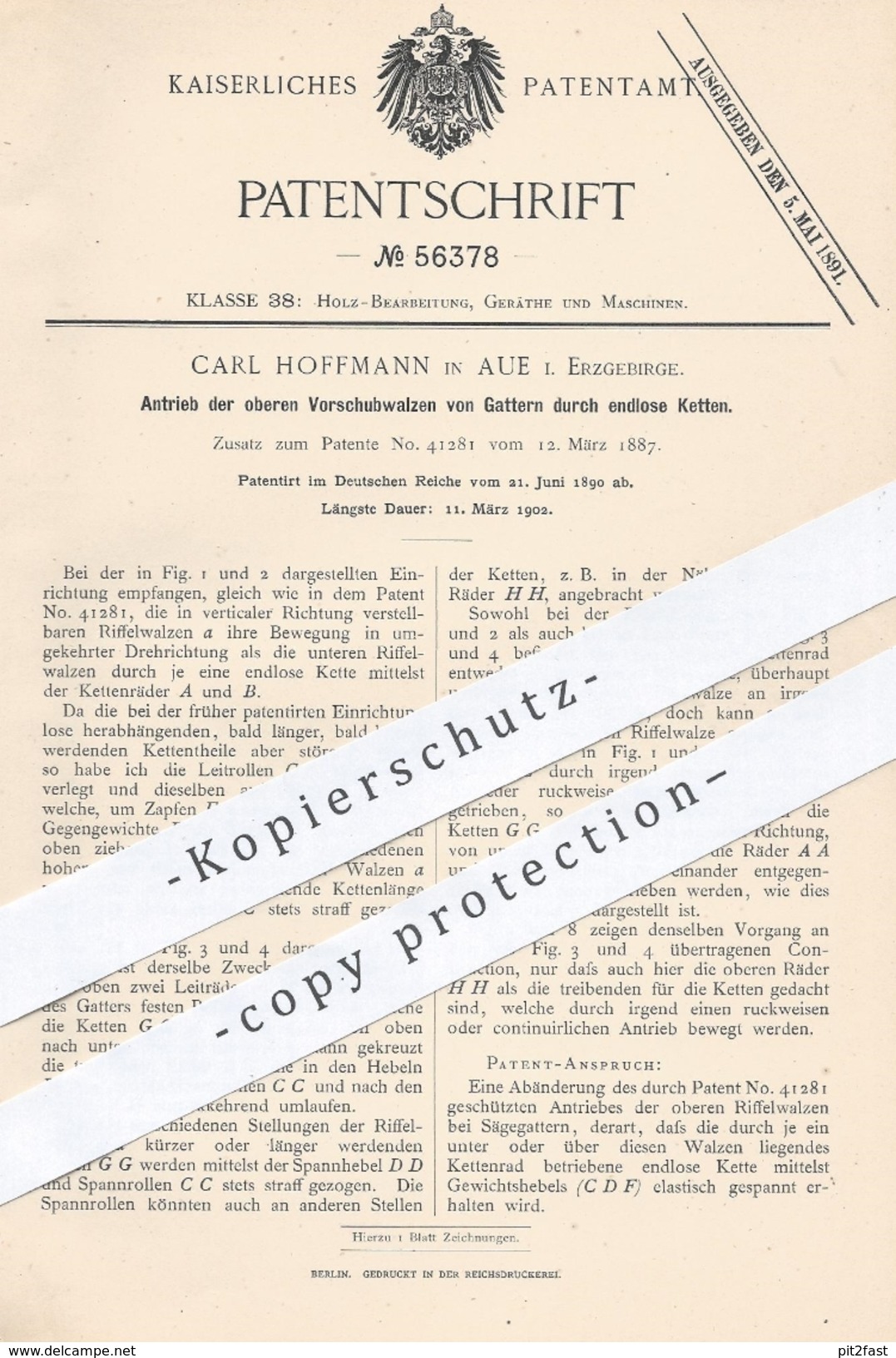 Original Patent - Carl Hoffmann , Aue , 1890 , Antrieb Der Vorschubwalzen Beim Gatter | Sägegatter , Säge , Sägen , Holz - Historische Dokumente