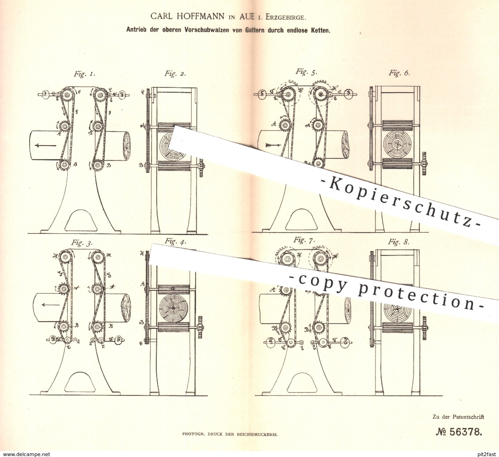 Original Patent - Carl Hoffmann , Aue , 1890 , Antrieb Der Vorschubwalzen Beim Gatter | Sägegatter , Säge , Sägen , Holz - Historische Documenten