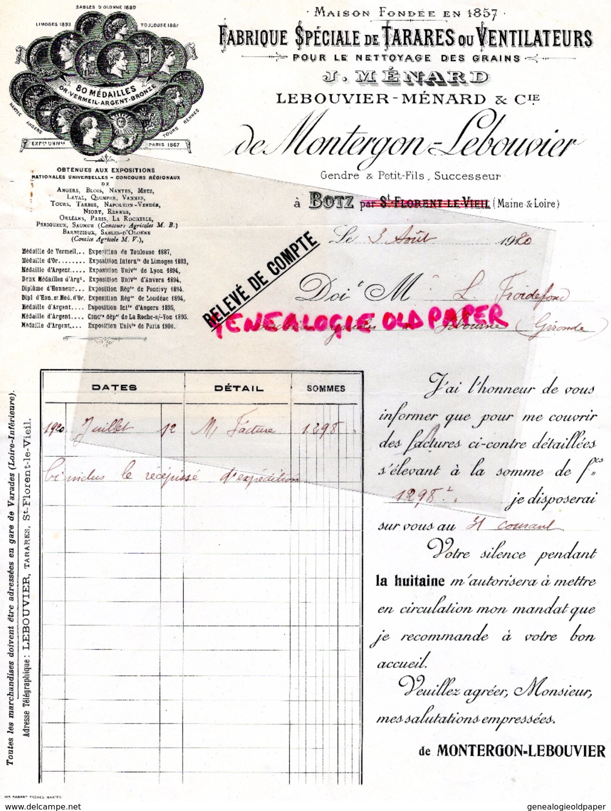 49-  BOTZ PAR SAINT FLORENT LE VIEIL-FACTURE DE MONTERGON-LEBOUVIER-MENARD-FABRIQUE TARARES VENTILATEUR- 1920 - Petits Métiers