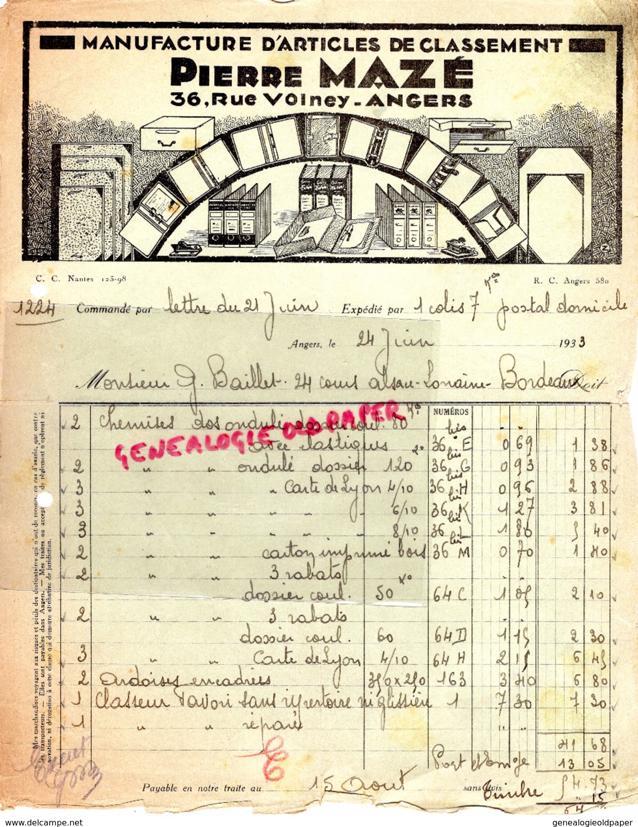 49-  ANGERS- FACTURE PIERRE MAZE-MANUFACTURE ARTICLES CLASSEMENT- 1933 - Petits Métiers