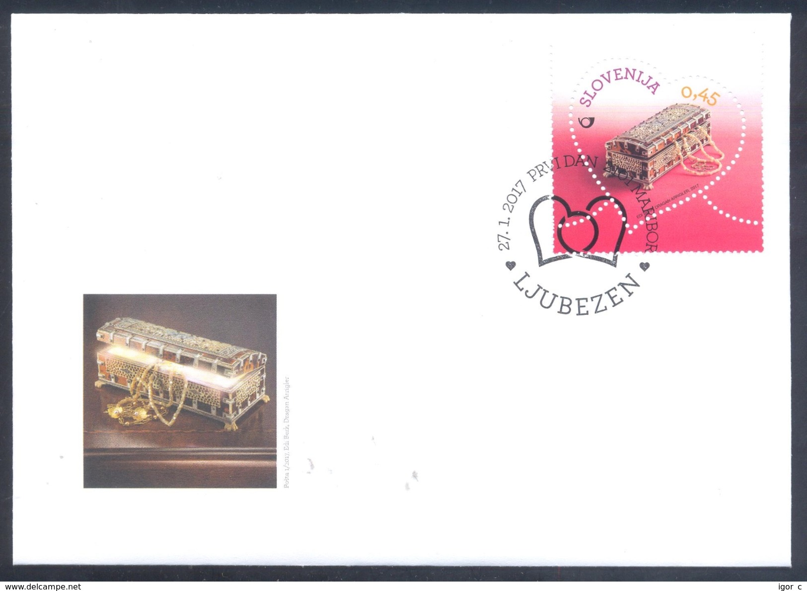 Slovenia Slovenie Slowenien 2017 Fdc Cover: Painted Jewelry Box, &#x2764; Valentine´s Day Love Stamp In A Shape Of Heart - Other & Unclassified