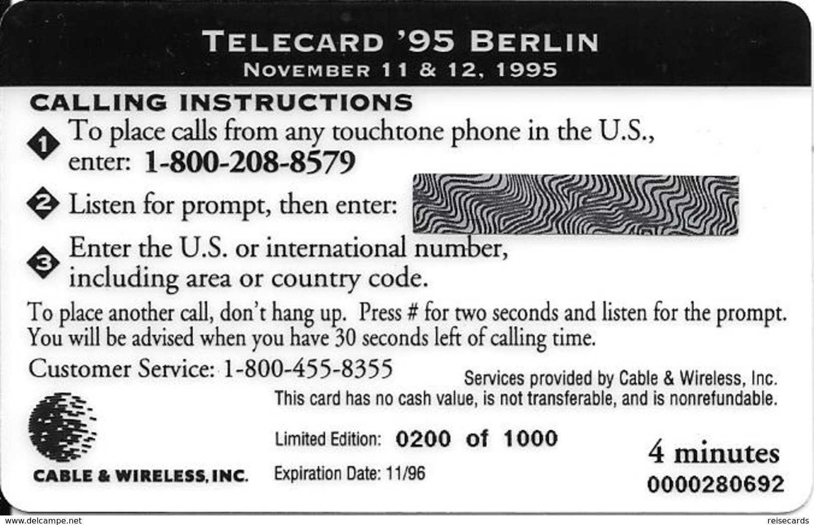 Cable & Wireless: Telecard Exposition 1995 Berlin, Germany. Mint - Sonstige & Ohne Zuordnung