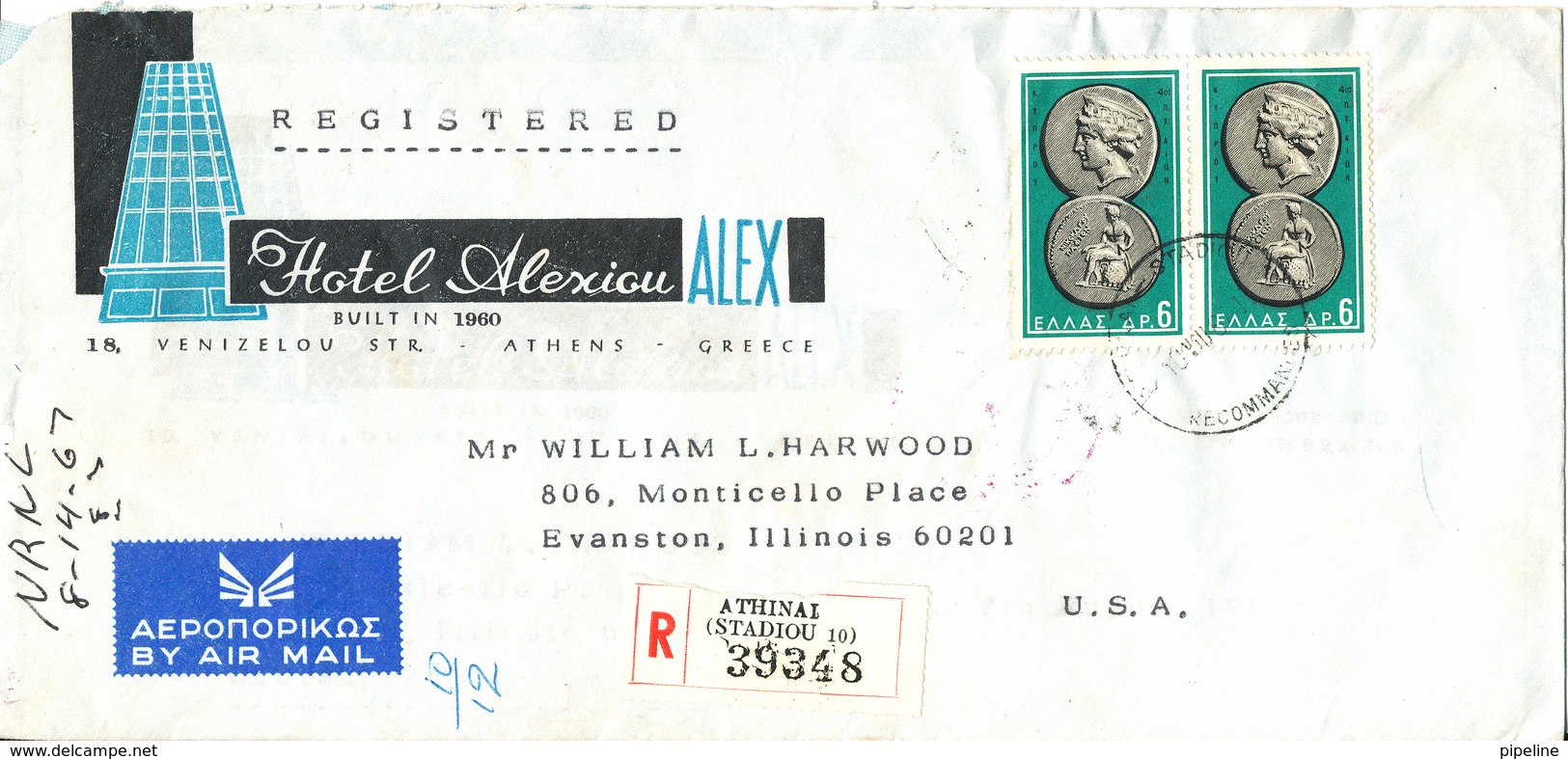 Greece Registered Air Mail Cover Sent To USA 10-8-1967 With Stamps On Front And Backside Of The Cover - Covers & Documents